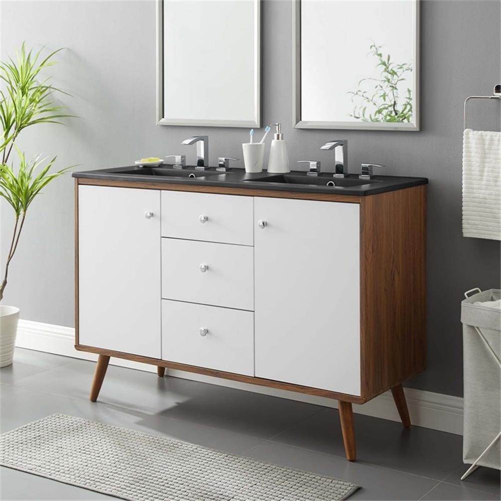 Modway Transmit 47.5″ Modern Wood Double Sink Bathroom Vanity in Walnut/White