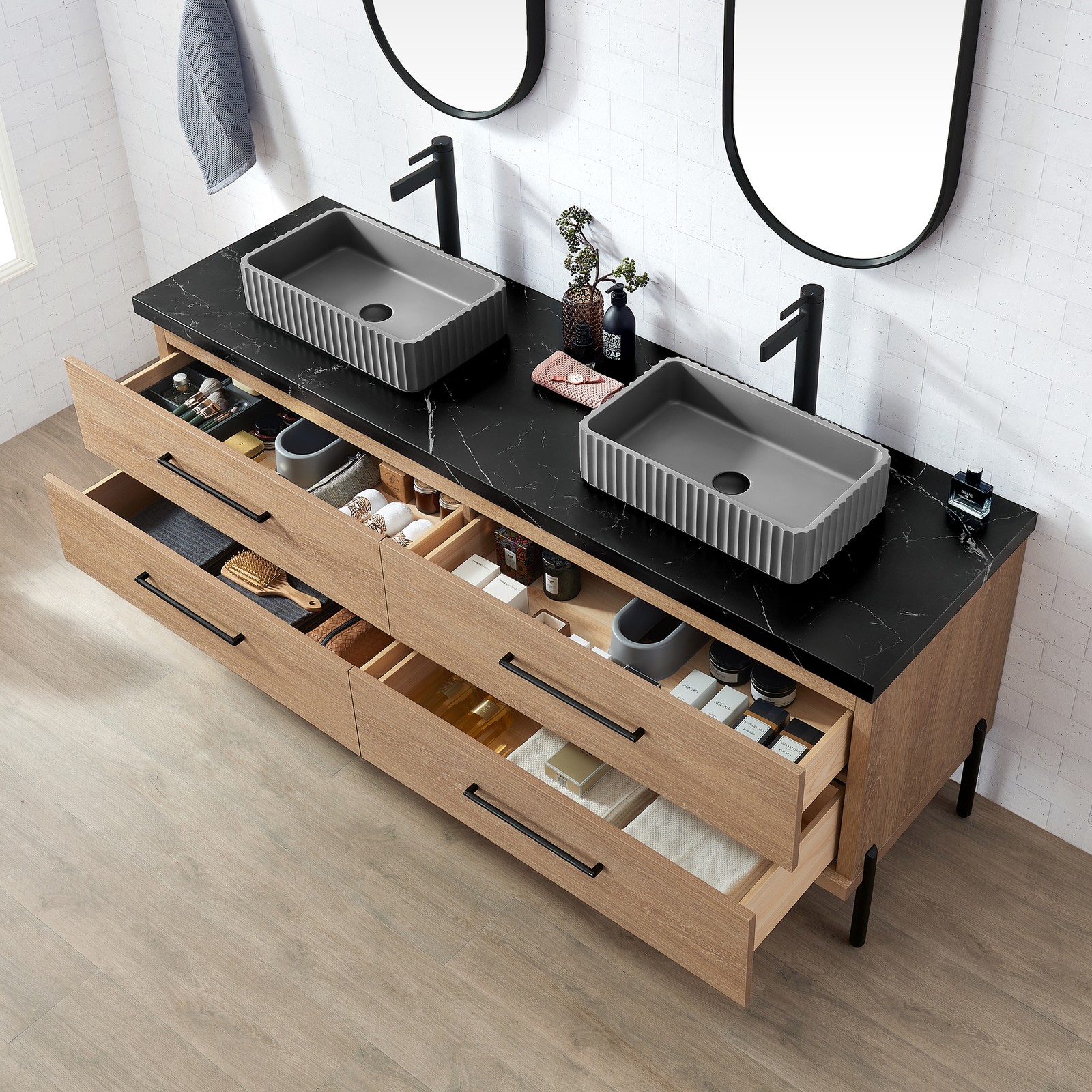 Trento 72″ Double Bath Vanity with Black Sintered Stone Top with Concrete Sink