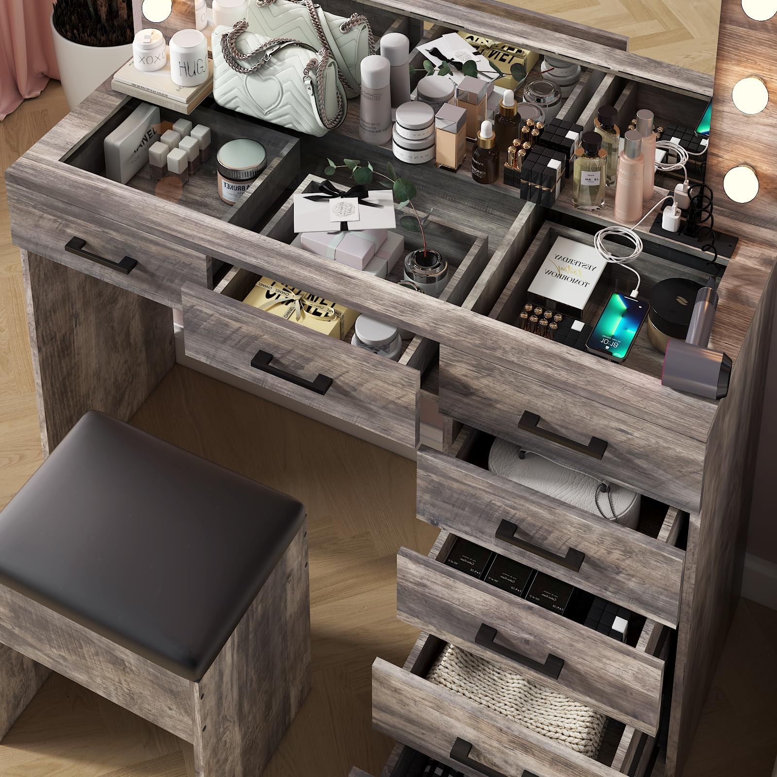 Vanity Desk Mirror 3 Color Lights Charging 7 Drawer Glass Top Stool Grey