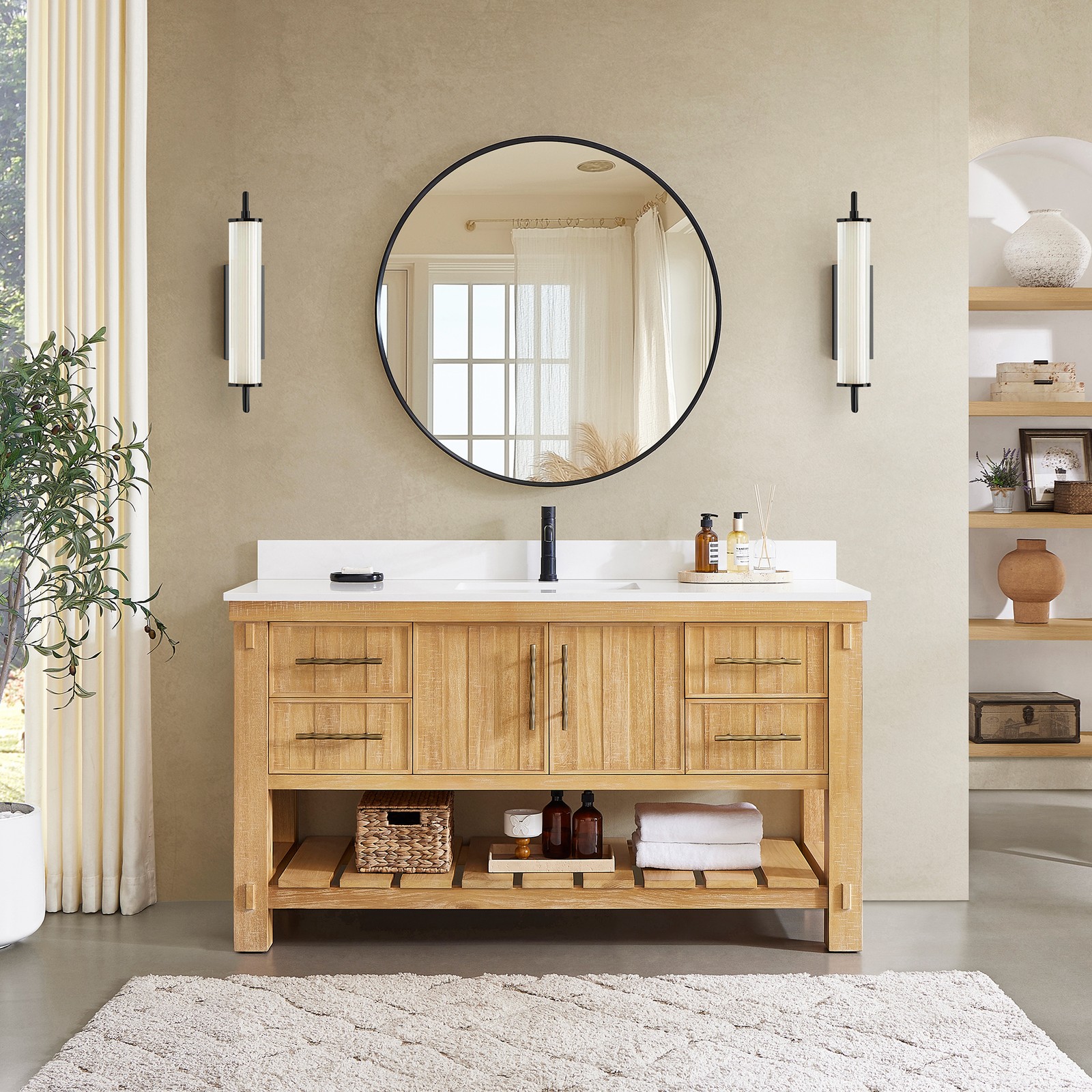 Paris 60″ Single Bath Vanity in Acacia Classic Grey with White Quartz Stone Top