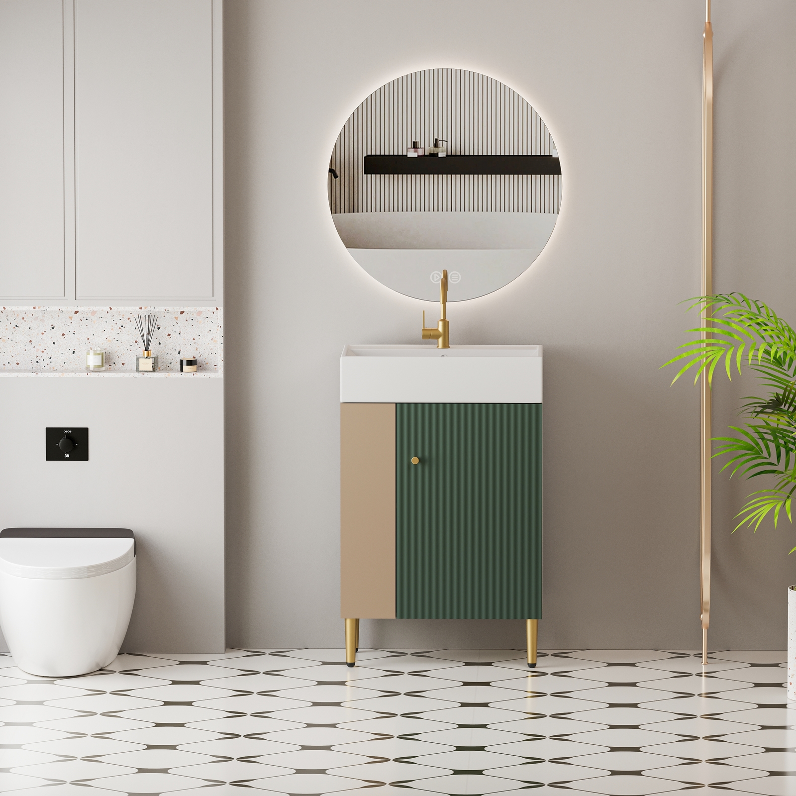 21.6″Modern Bathroom Vanity with Ceramic Sink Storage Cabinet W/ Door Open Shelf
