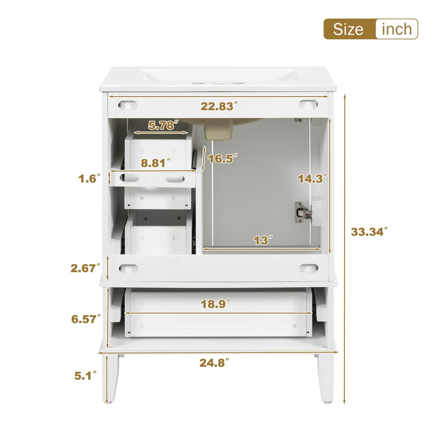 24.8″ Bathroom Vanity Freestanding White Green Hardwood Soft-Close 3 Drawer Sink