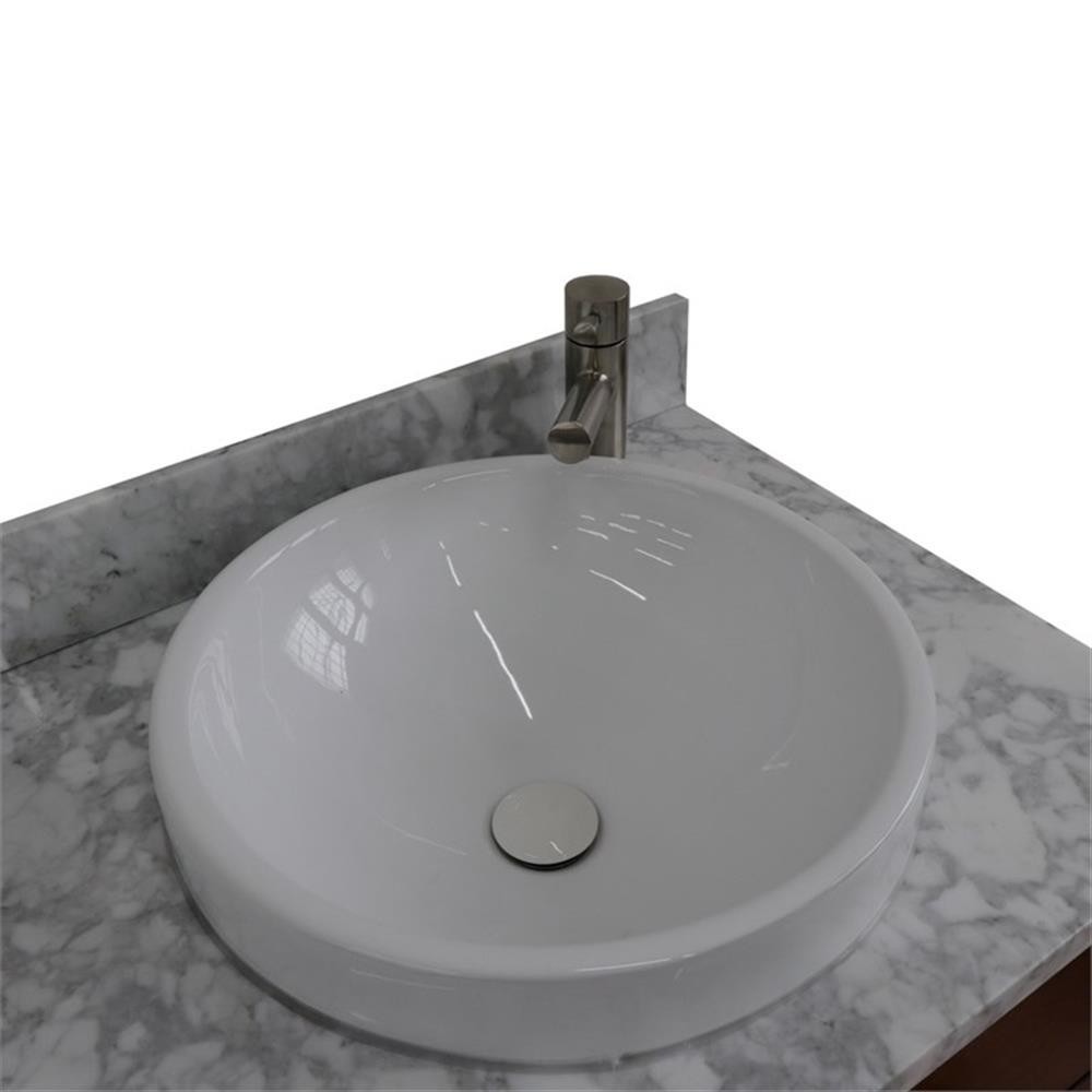 61 in. Double Wooden Vanity Walnut Black White Carrara Marble Round Sink