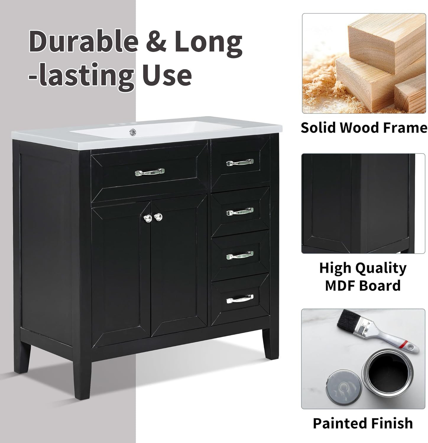 36″ Black Solid Wood Bathroom Vanity Base with 3 Drawers, Stain Proof Storage