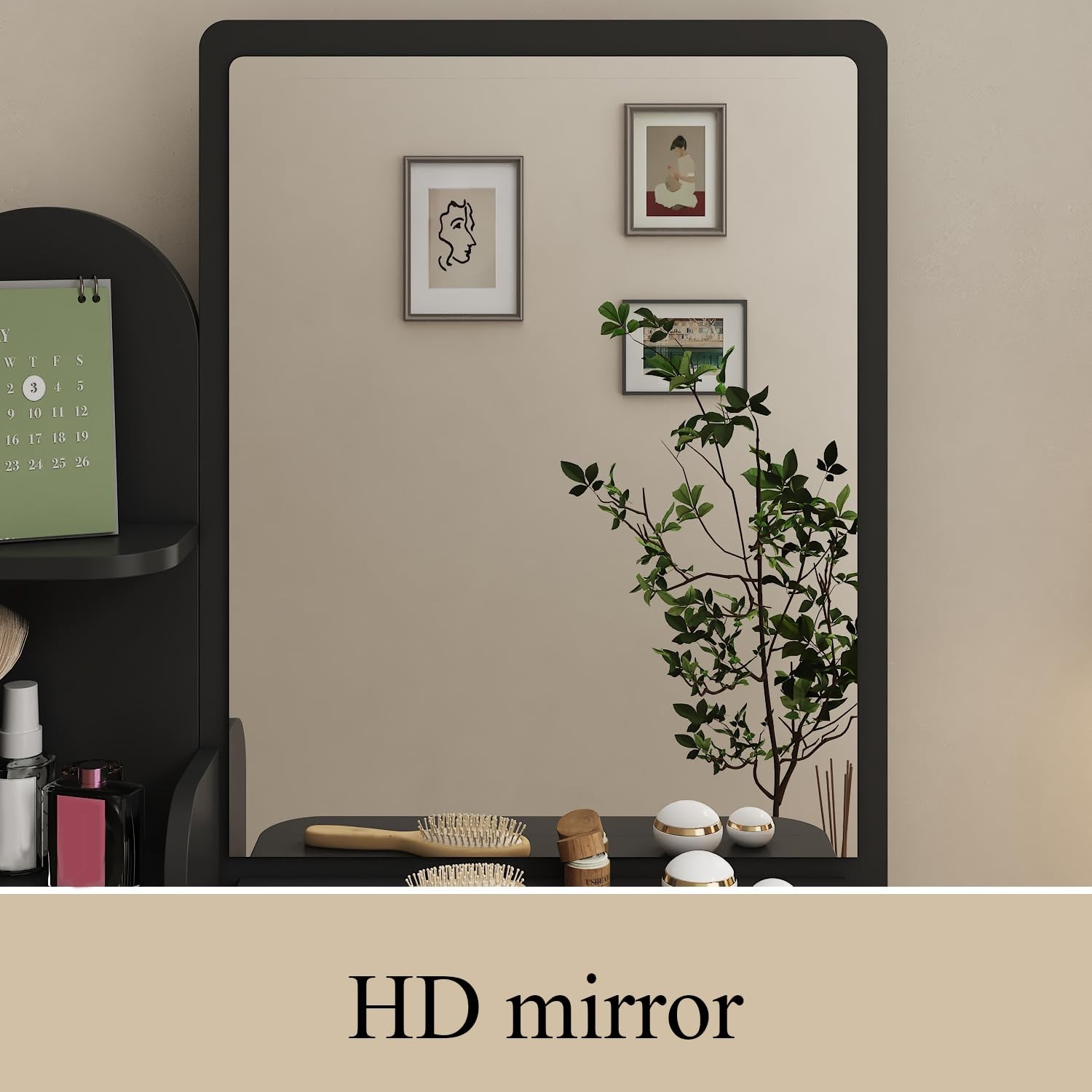 Black Vanity Set with Mirror 5 Drawers Shelves Cushioned Stool