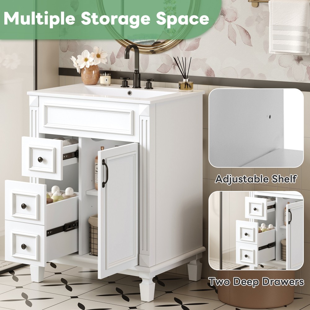 Bathroom vanity W ceramic sink Features two drawers Includes adjustable shelves