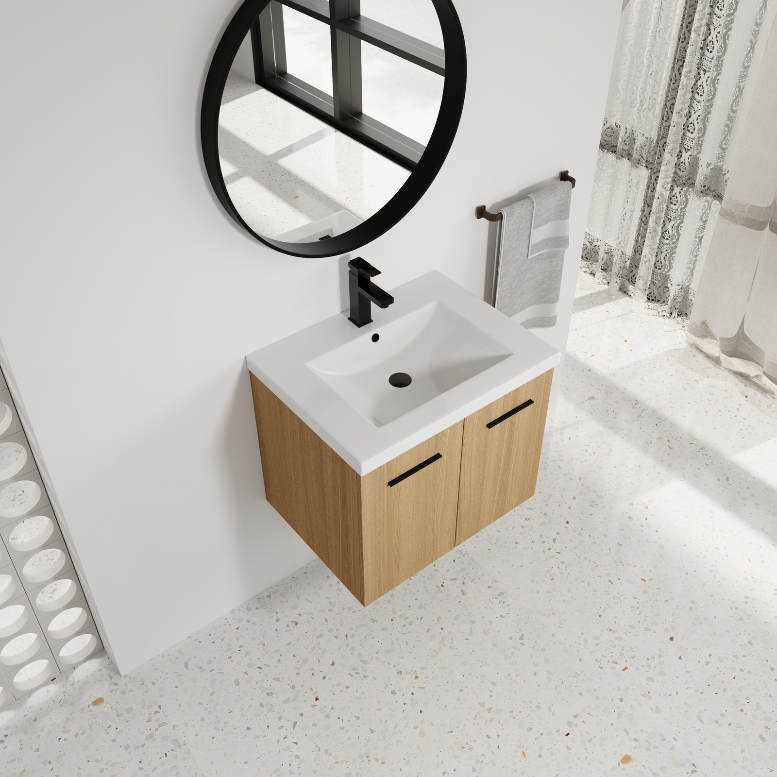24″ Floating Bathroom Vanity with Sink, Light Oak Cabinet, Wall Mounted