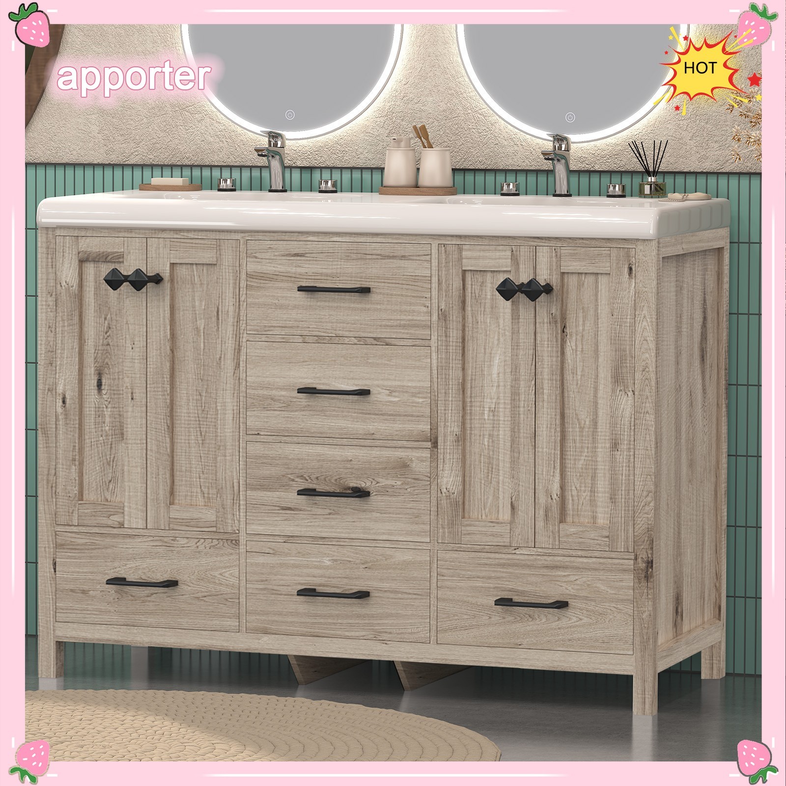 47 in Bathroom Vanity Retro Bathroom Storage Cabinet with Ceramic Sink Modern US