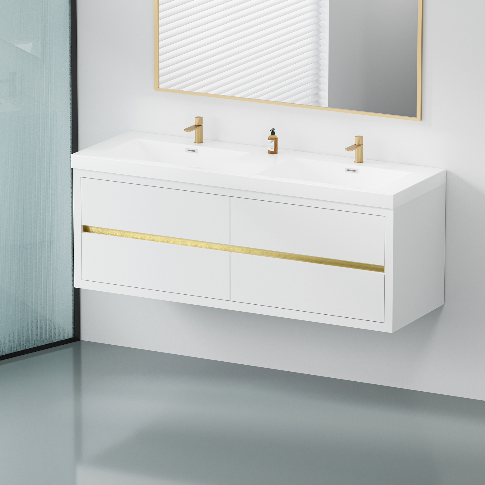 60″ Floating Wall-Mounted Bathroom Vanities Cabinet 4 Drawers+ Stone Resin Sink