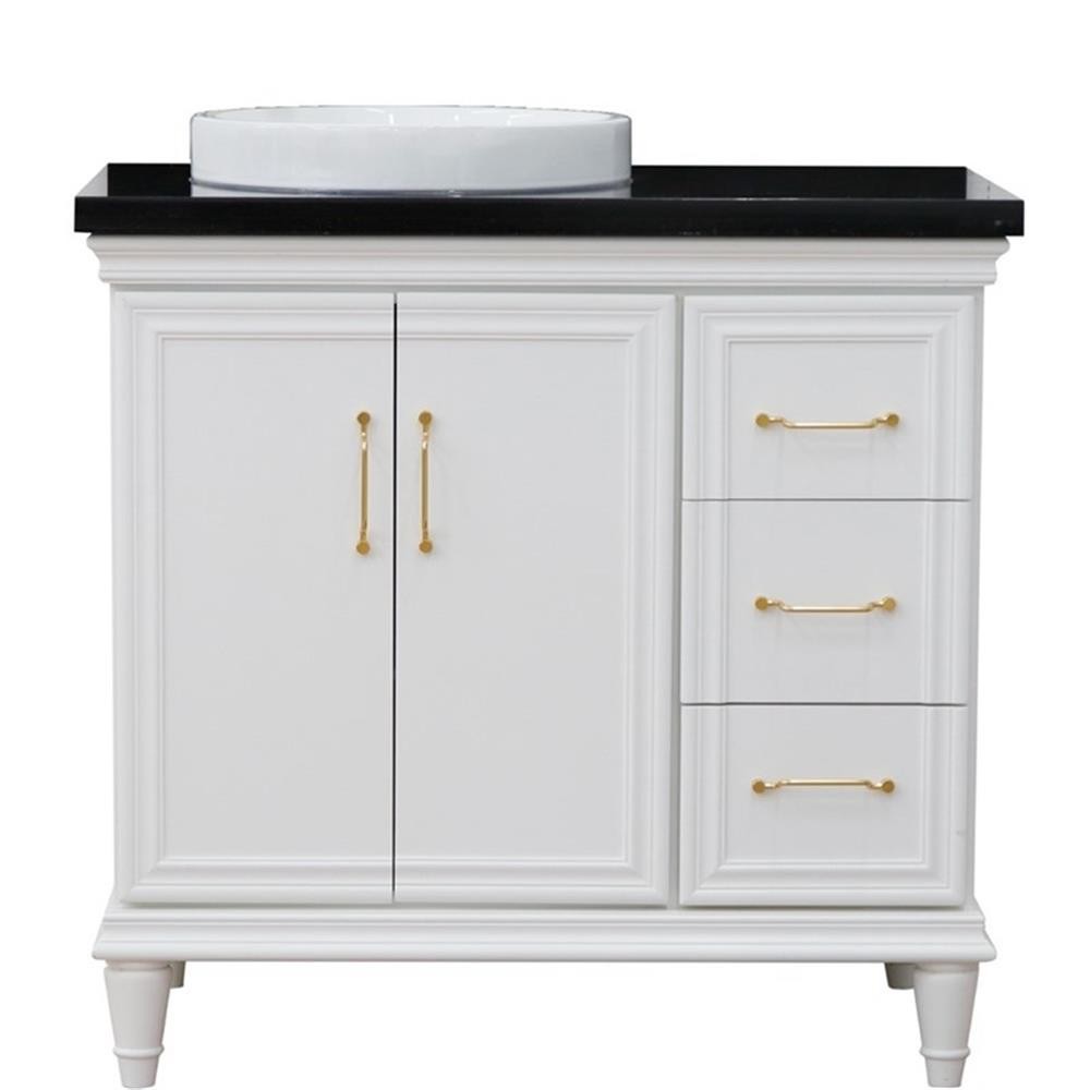 37 in. Single Wooden Vanity White Black Galaxy Round Left Door.Left Sink