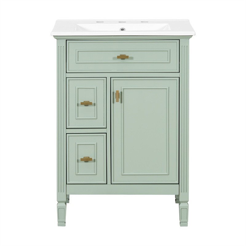 24-In Modern Bathroom Vanity with Ceramic Sink,Green Wood Cabinet with 3 Drawers