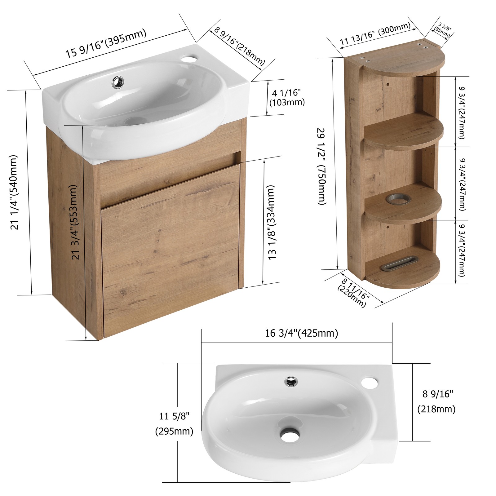16Inch Wall Mounted Bathroom Vanity With Ceramic Sink Basin W/ Storage Rack Oak