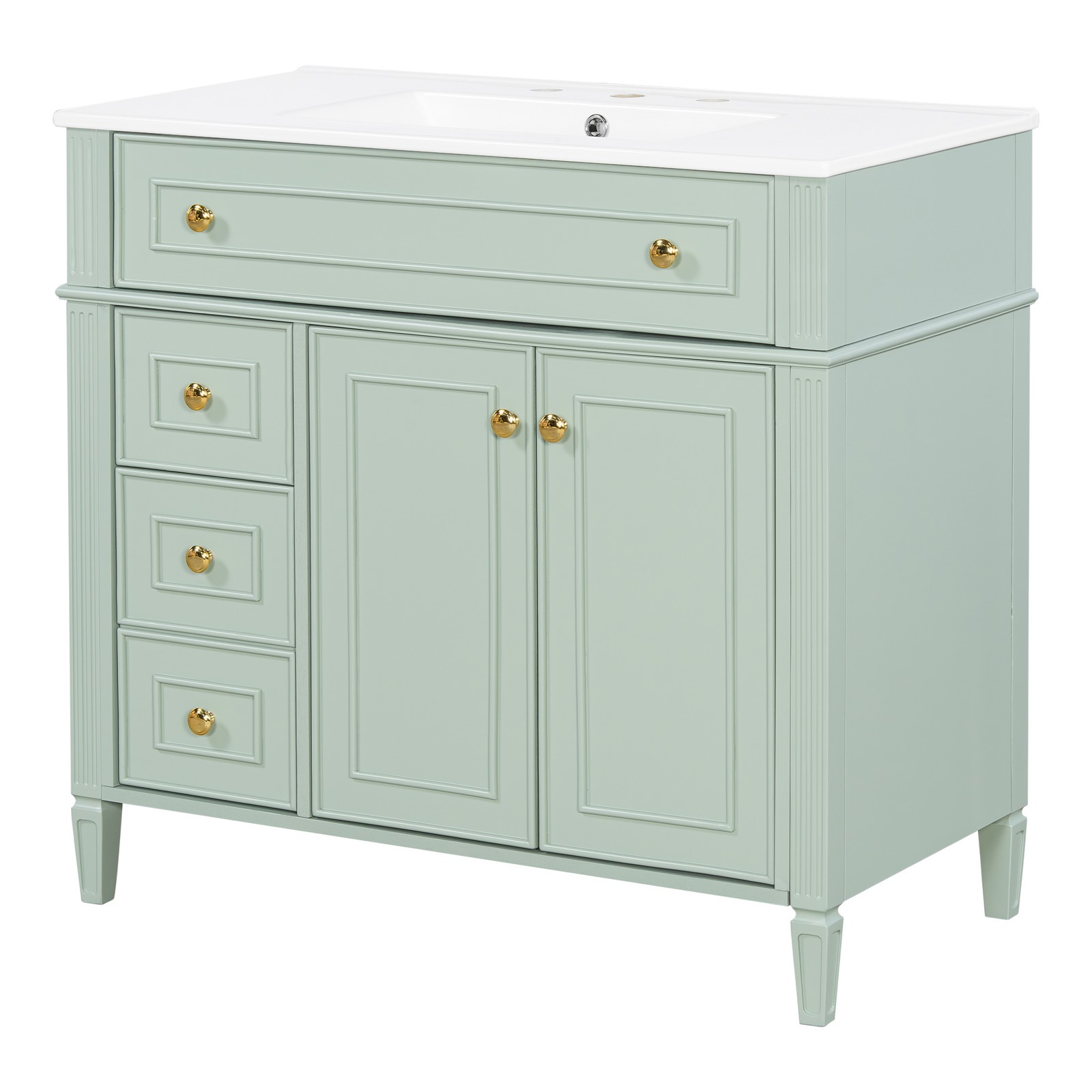 36″ Green Solid Wood Bathroom Vanity with Sink, 3 Drawers & 2 Doors