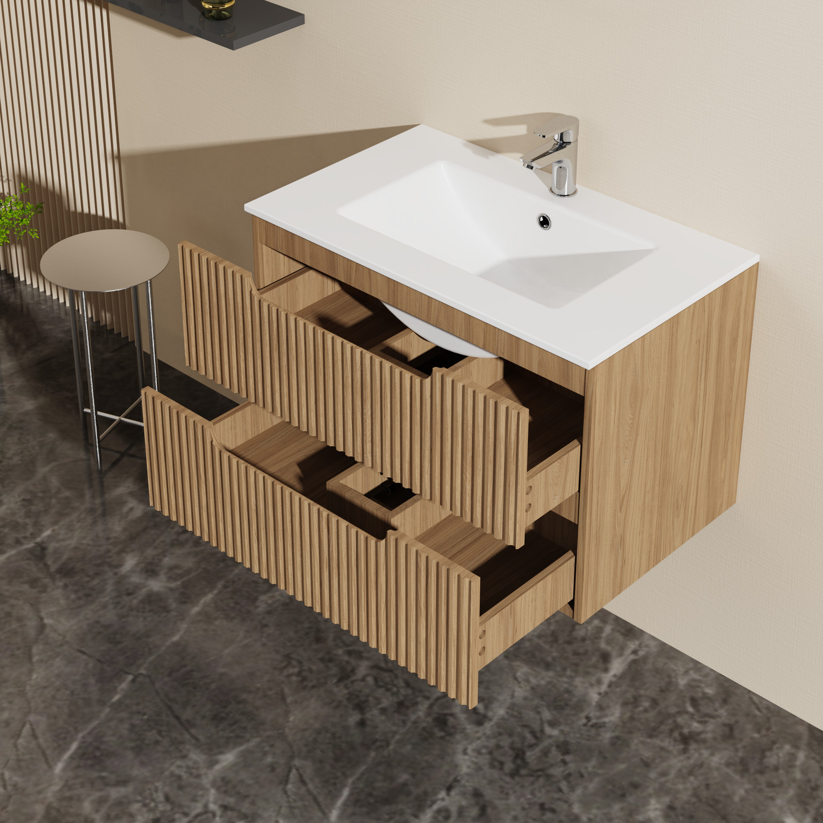 Wall Mounted Bathroom Vanity 30″W x 18.5″D x 19″H, Walnut, 2 Drawers, Soft-Close