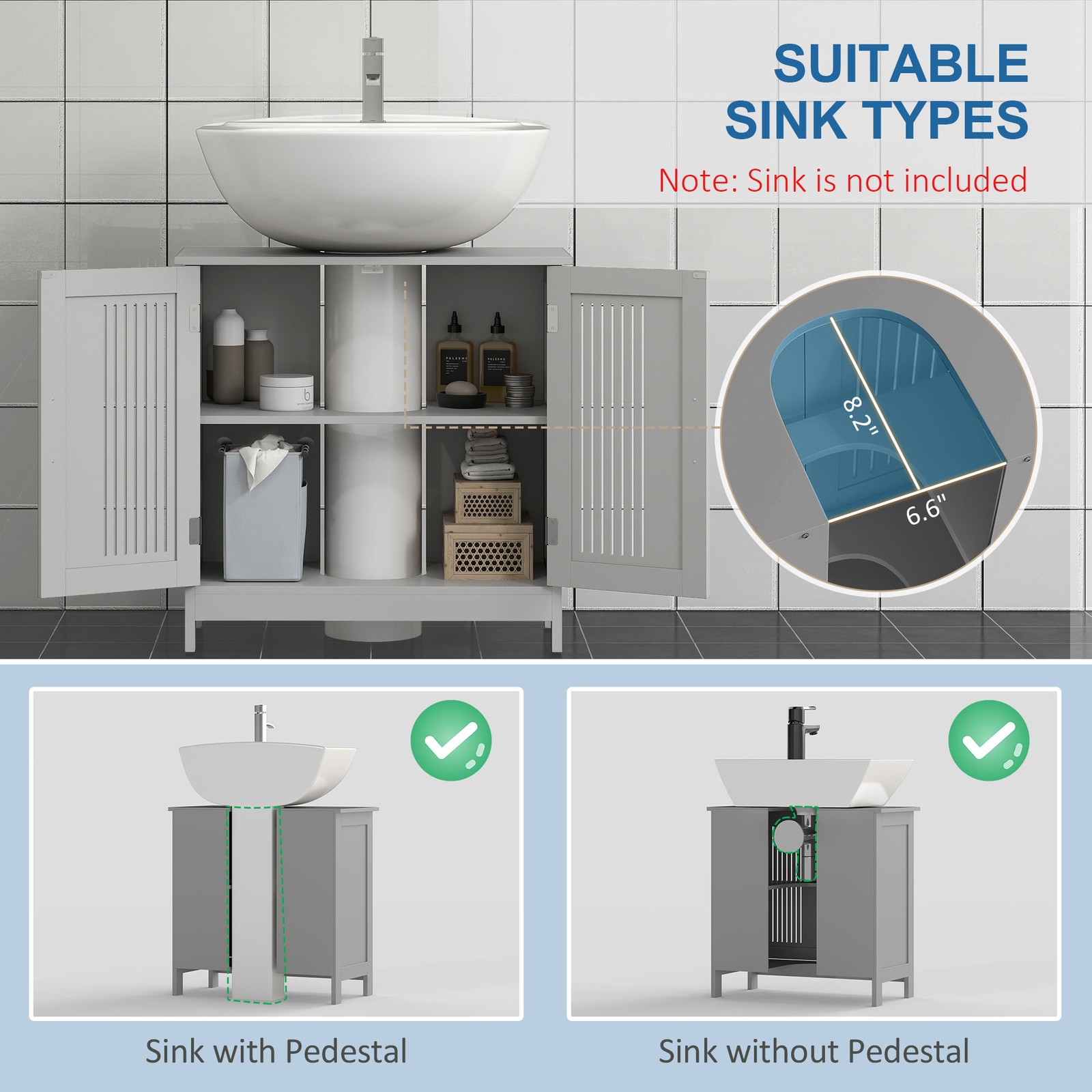 Bathroom Under Sink Cabinet Vanity Unit w/ Shelves, Grey, Used