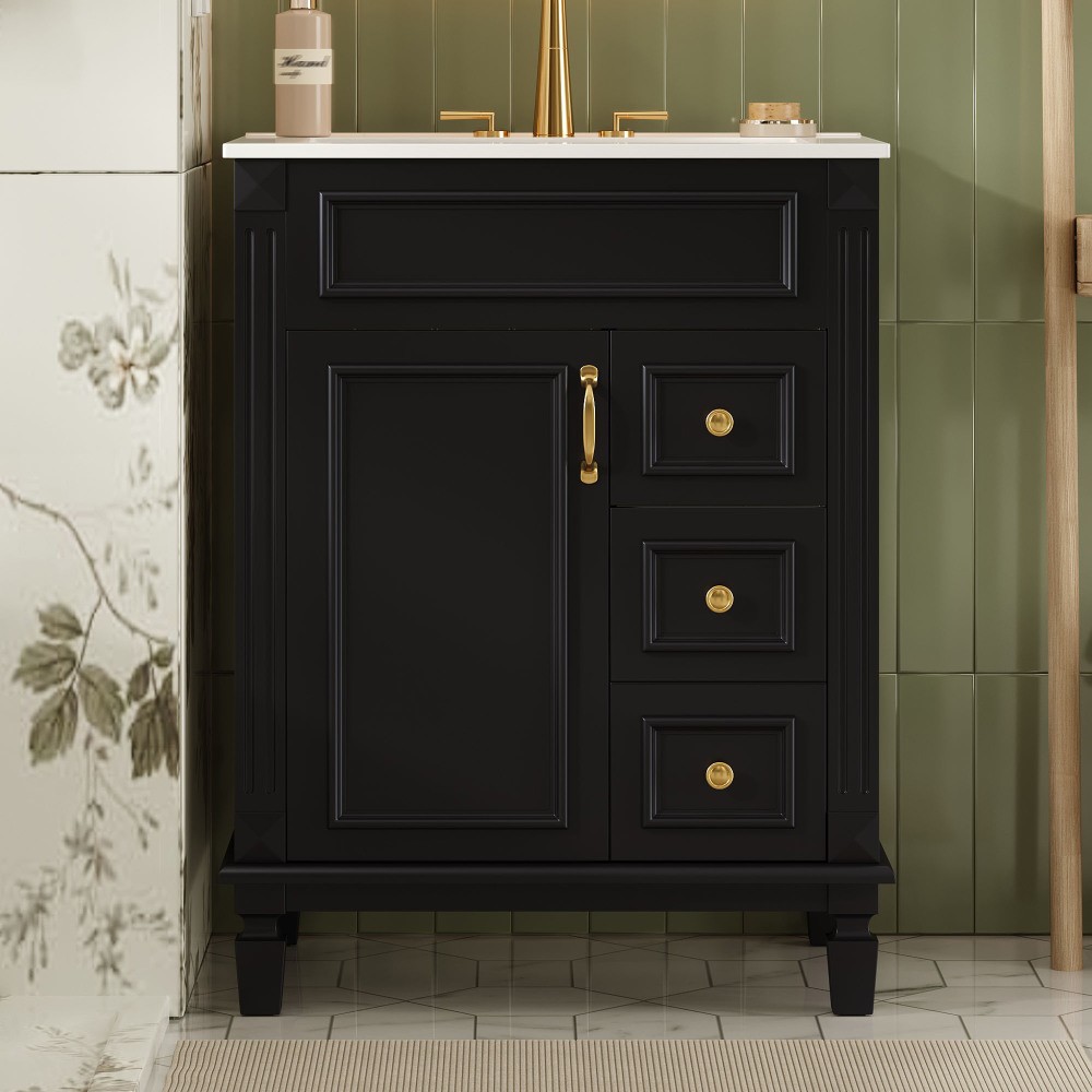 24″ Bathroom Vanity, Ceramic Sink, 2 Drawers, Adjustable Shelf