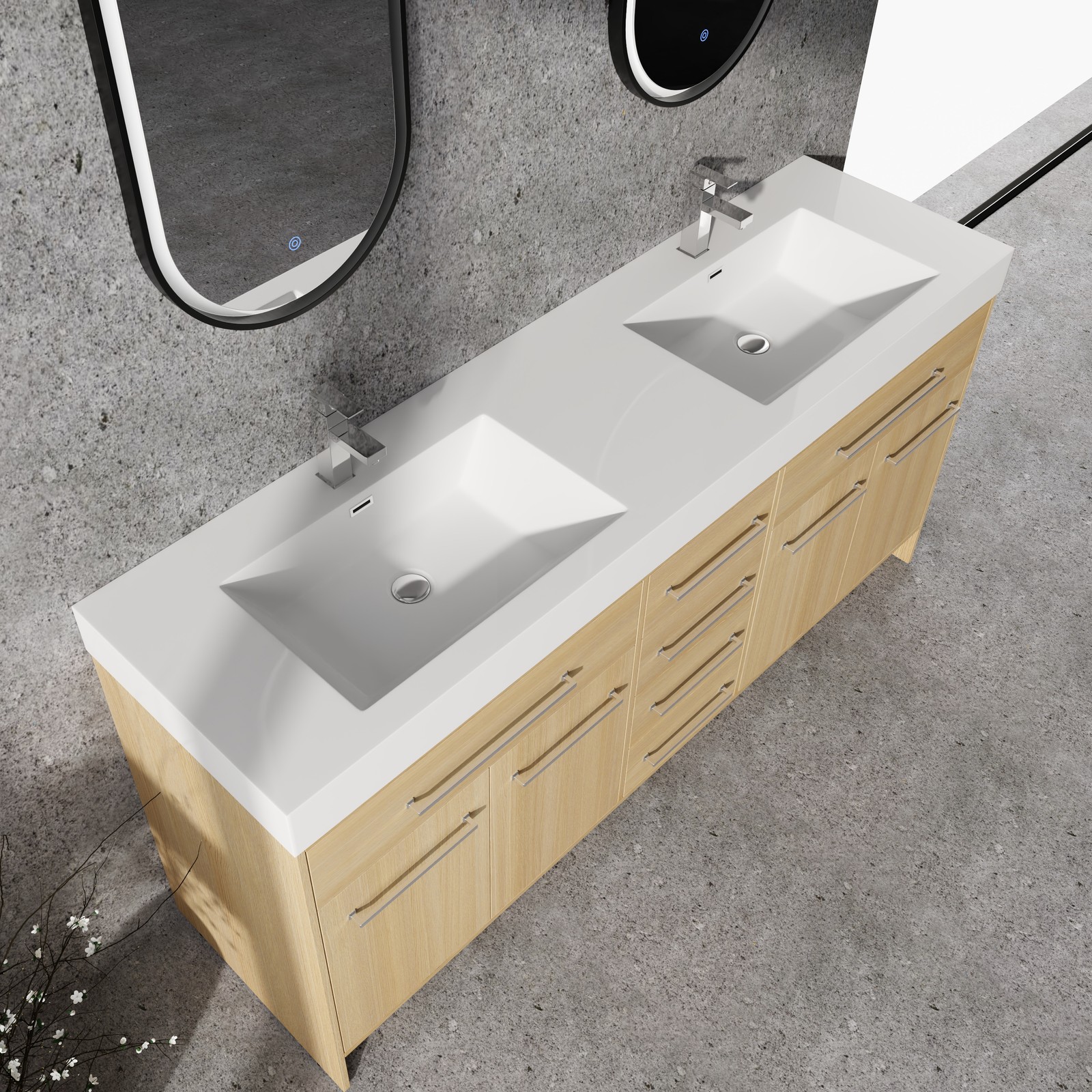 72 in Plywood Bathroom Vanity Freestanding W/Double Resin Sink+4 Doors 6 Drawers