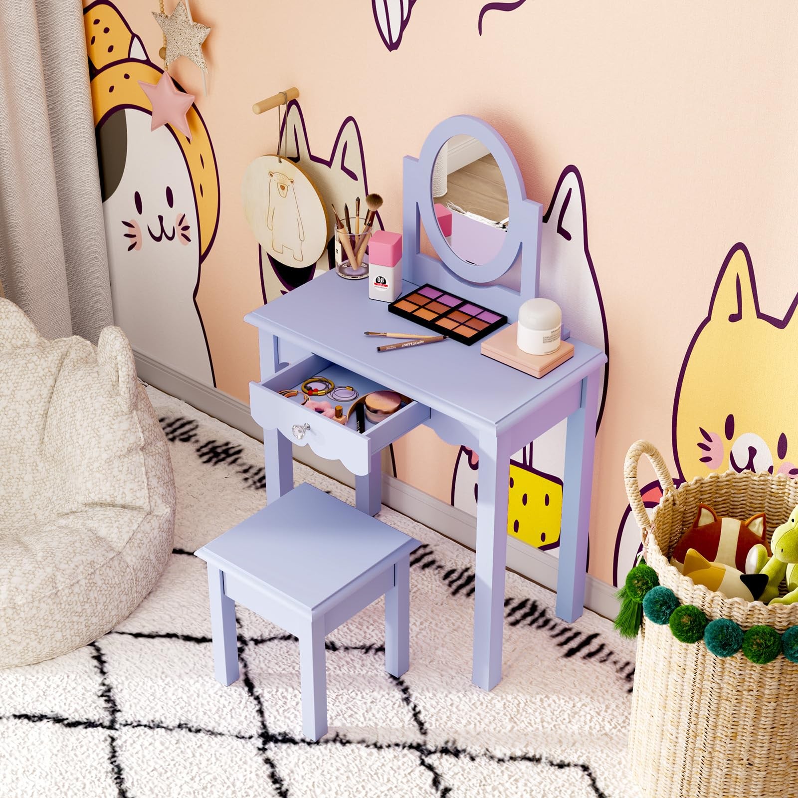 Wooden 2-in-1 Kids Vanity Desk Set with Mirror Stool Detachable Top