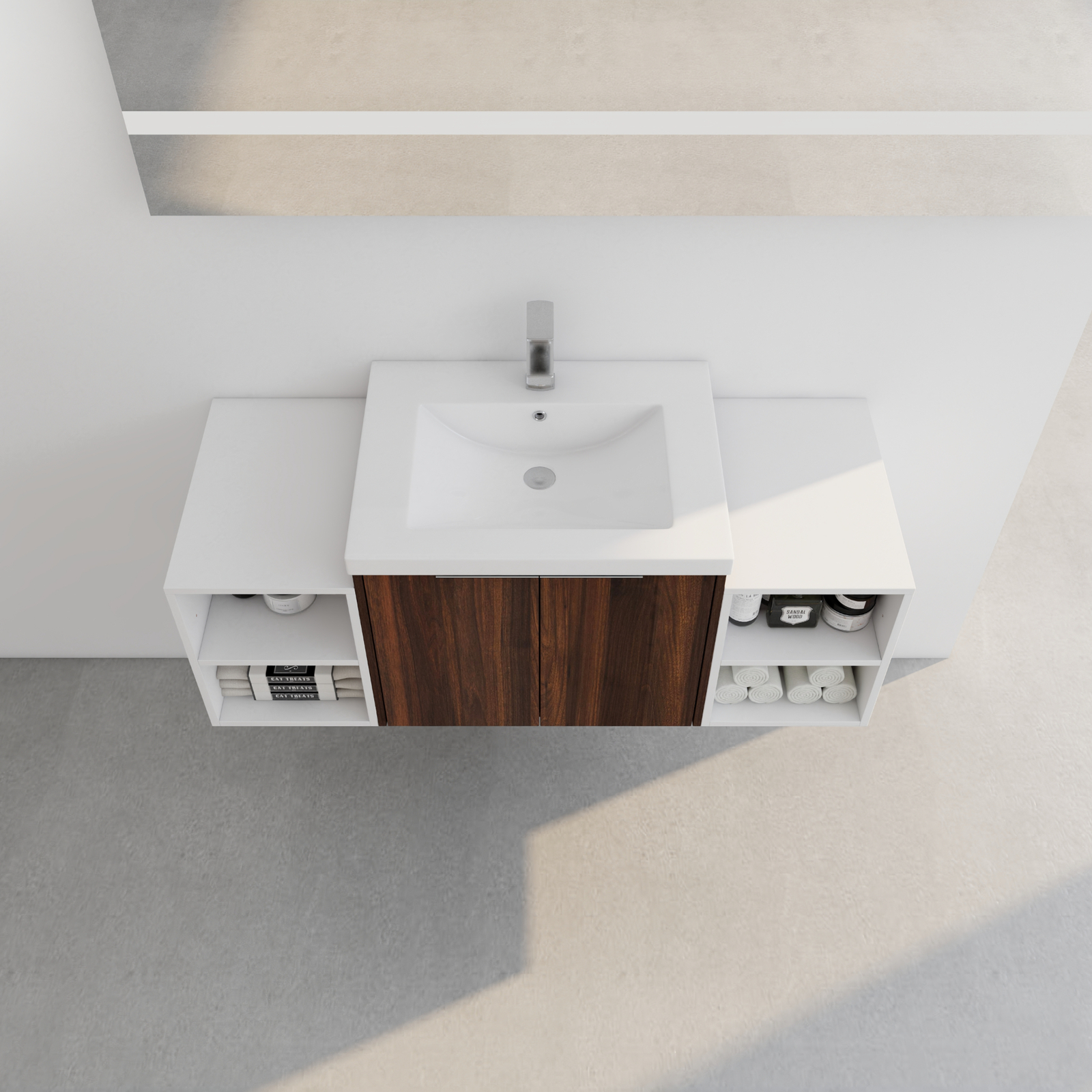 24″Bathroom Vanity Cabinet With Resin Sink + Two 12″Small Storage Shelves Walnut