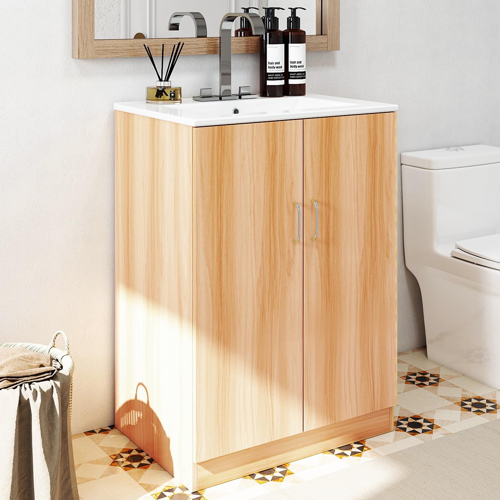 DUMOS 24″ Modern Bathroom Vanity with Ceramic Basin, Undermount Sink Cabinet …
