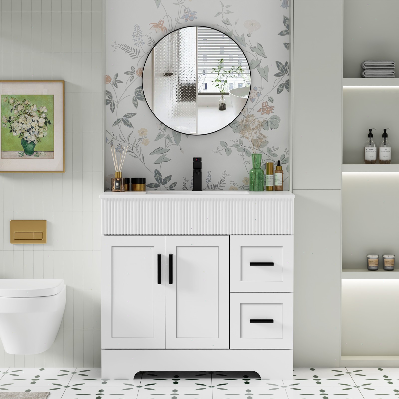 36″ Single Bathroom Vanity Set with Drop in Ceramic Sink Top with Wave Lines