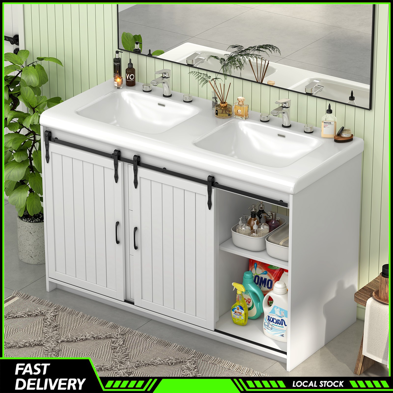 47″ Freestanding Bathroom Vanity w/ Double Ceramic Sink &2 Drawers Storage Space