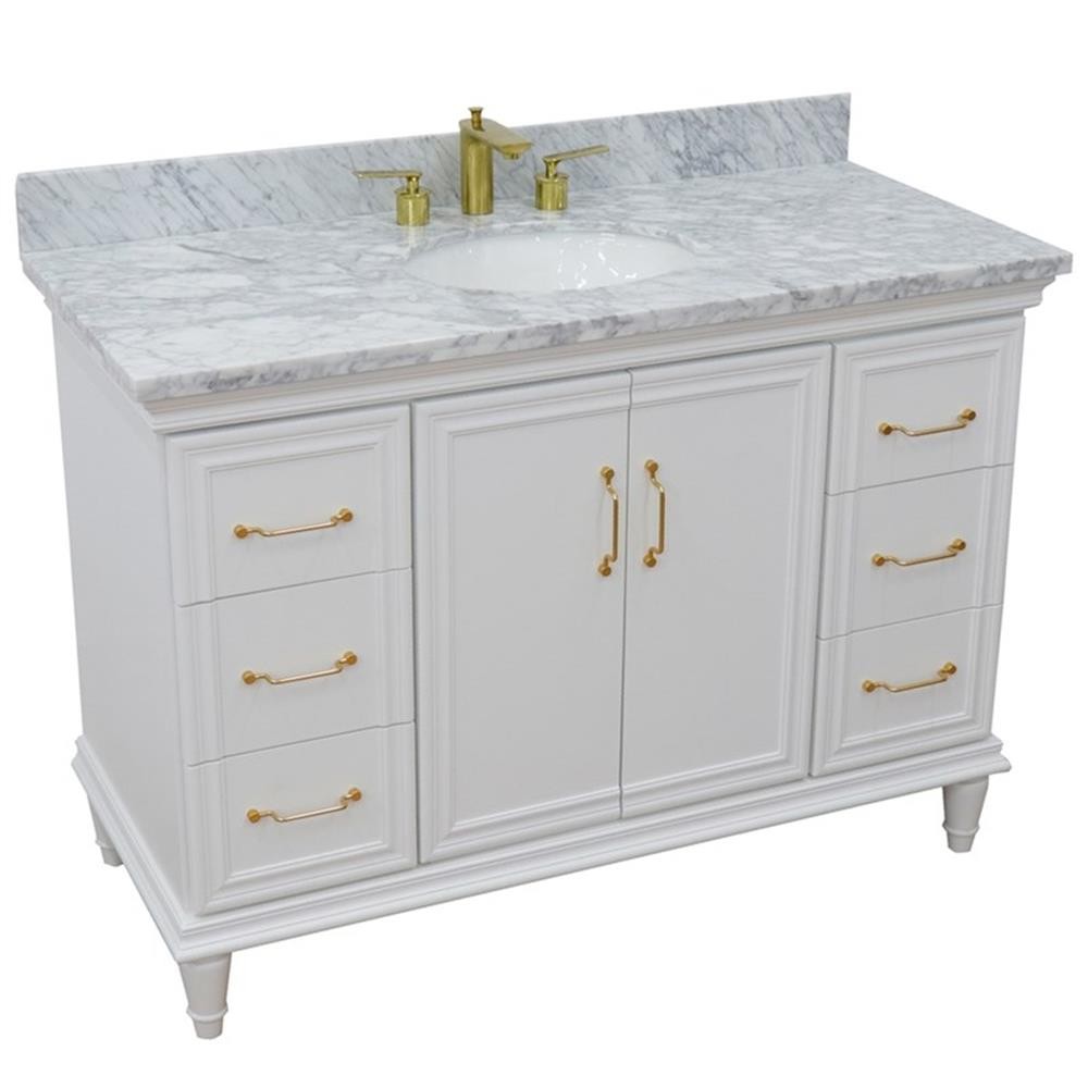49 in. Single Wooden Vanity White with White Carrara Marble Oval Sink