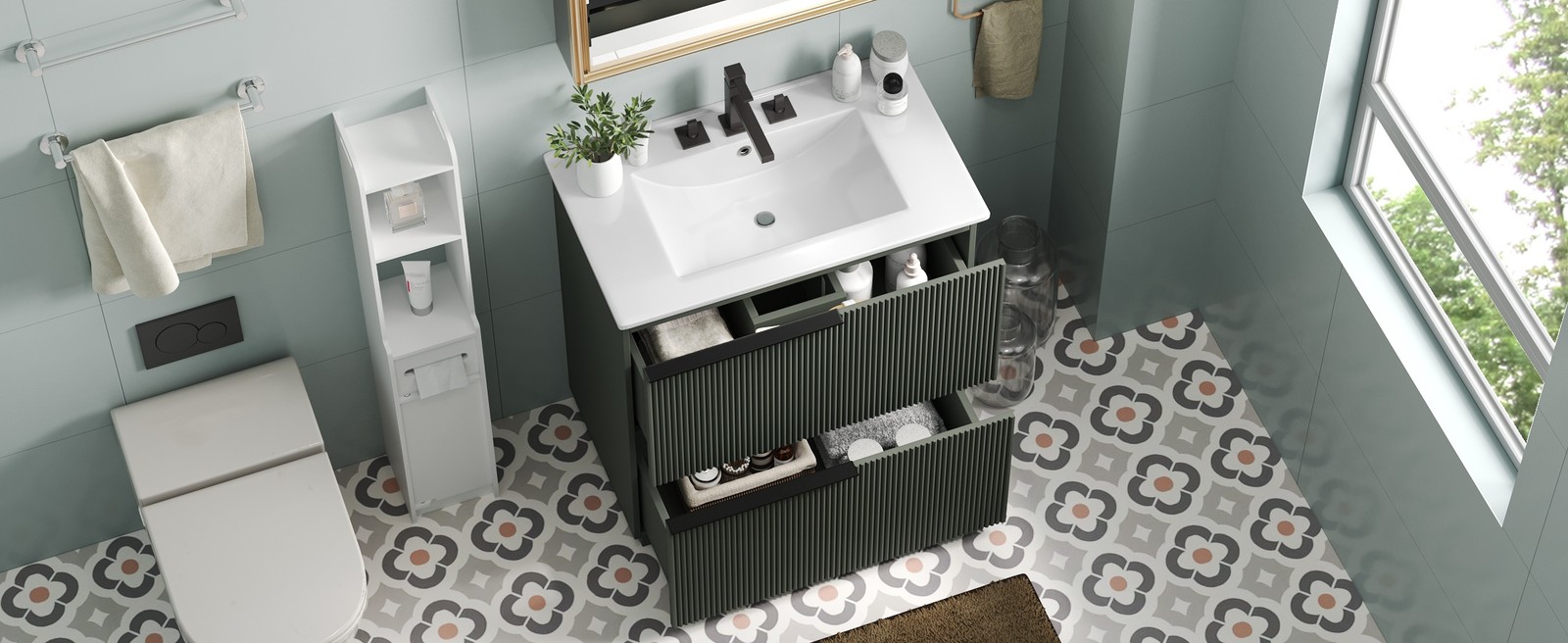 30″ Green Fluted Bathroom Vanity with Ceramic Sink & Soft Close