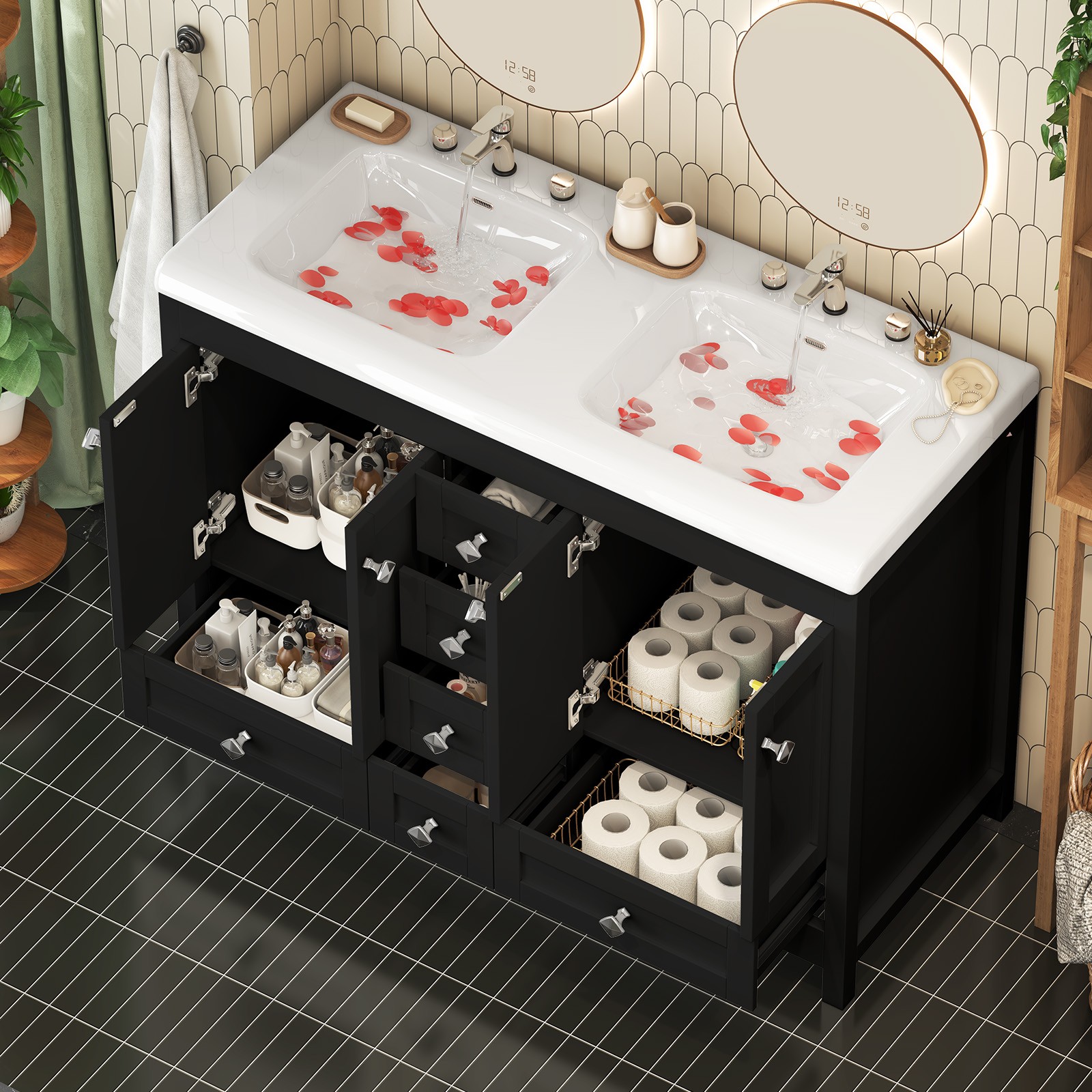 47” Double Bathroom Vanity Cabinet Ceramic Sink + Cabinet + 5 Drawers Black