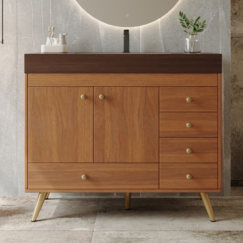 36″ Freestanding Bathroom Vanity with Faux Marble Top, Ceramic Sink & 5 Drawers