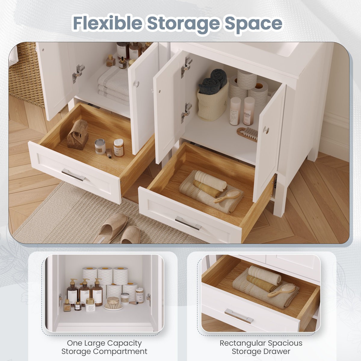 24″ Single Bathroom Vanity with Sink Ceramic Top Modern White Cabinet Drawers