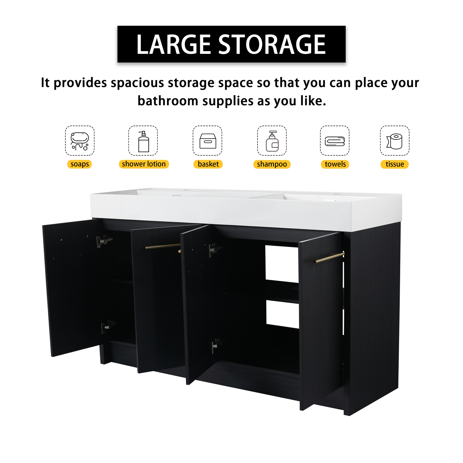 60 in Wood Freestanding Bathroom Vanity W/ Resin Double Sink Door Cabinet Black