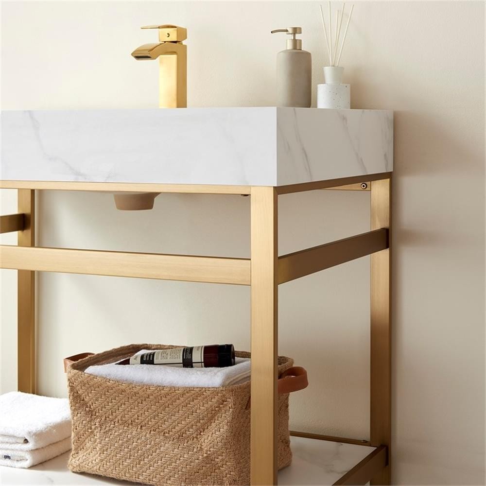 Funes 36″ Single Sink Bathroom Vanity in Brushed Gold Frame White Top w/ Mirror