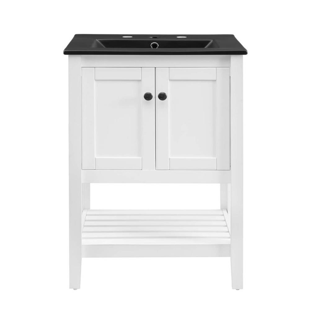 Pemberly Row 24″ Modern Wood/Ceramic Bathroom Vanity in White/Black