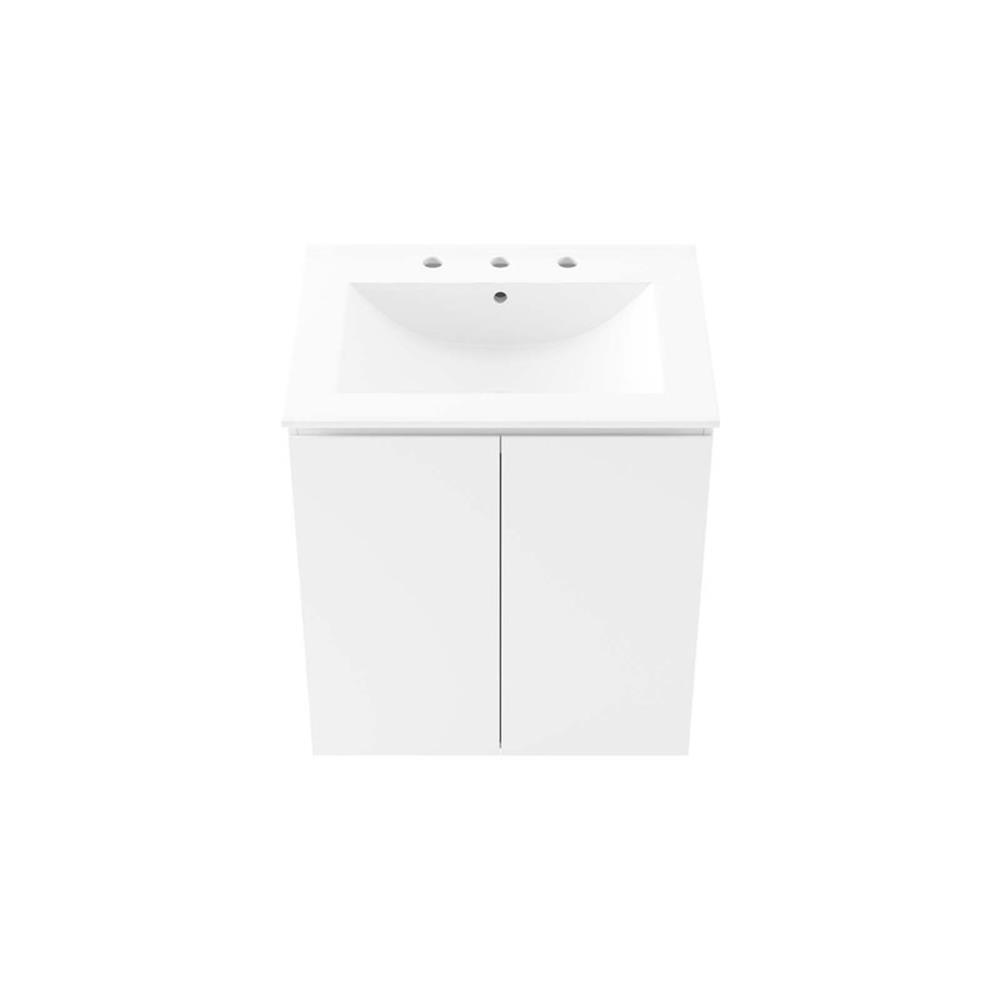 Modway Bryn 24″ Modern Wood/Ceramic Wall-Mount Bathroom Vanity in White