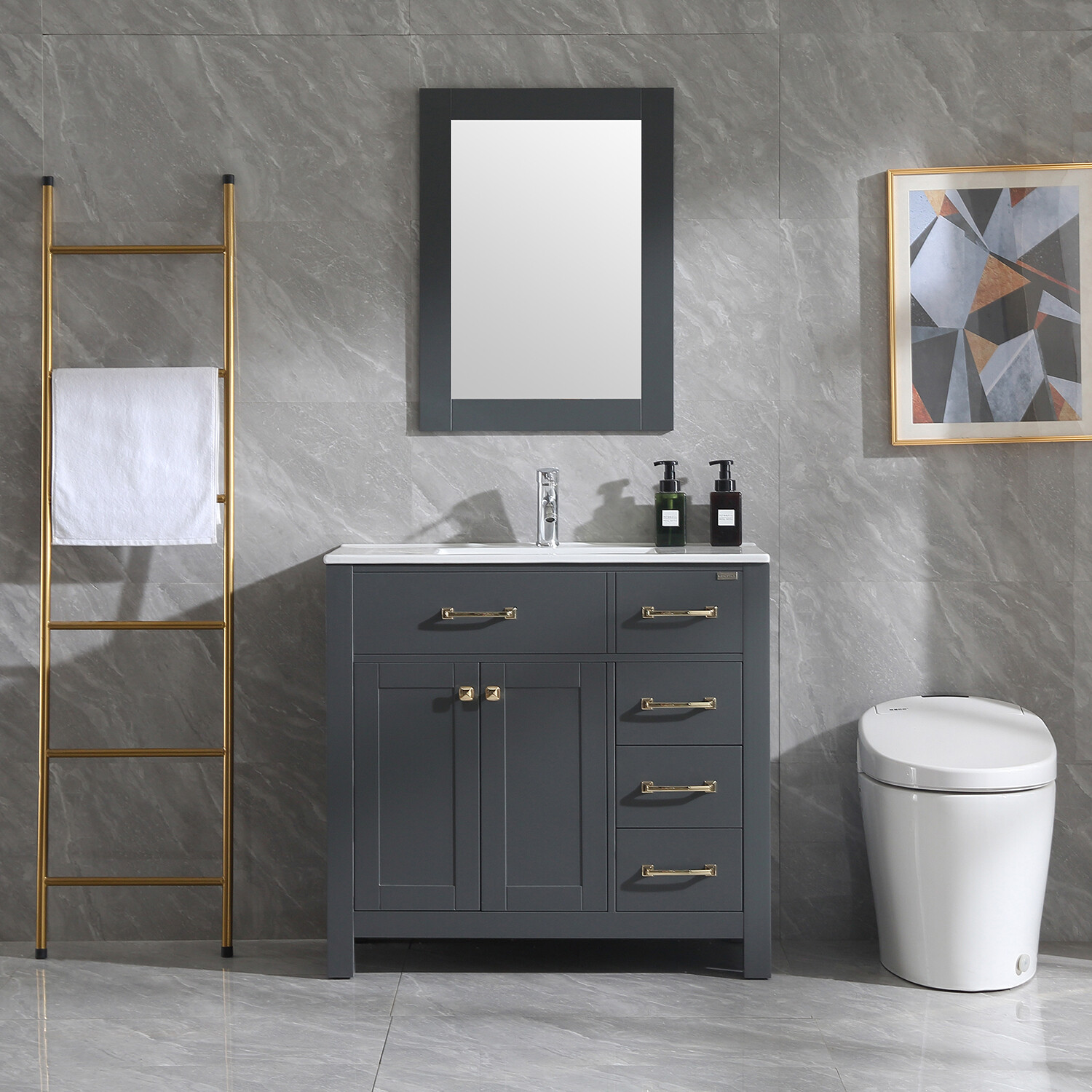 36″ Bathroom Vanity Cabinet Undermount Ceramic Sink Shaker Vanity Free Standing