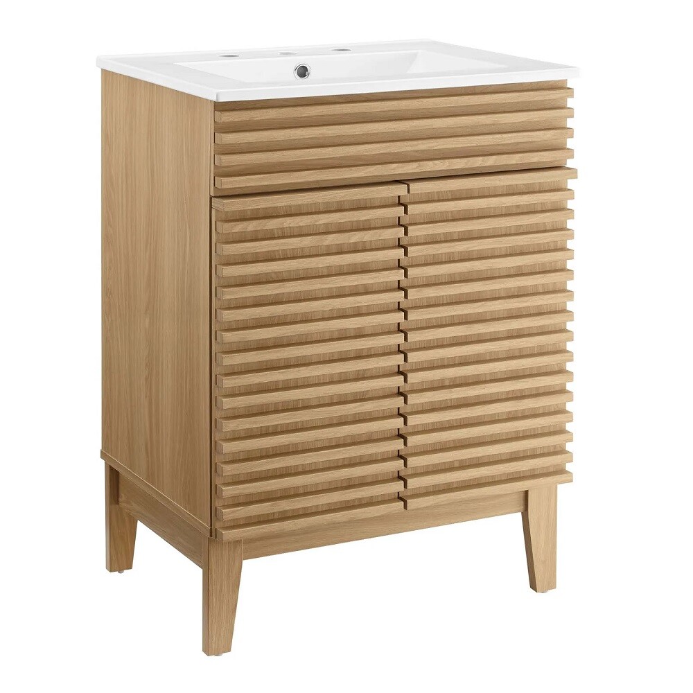 Mid-Century Modern Bathroom Vanity Black, White, Gray, Oak Laminate Tapered Legs
