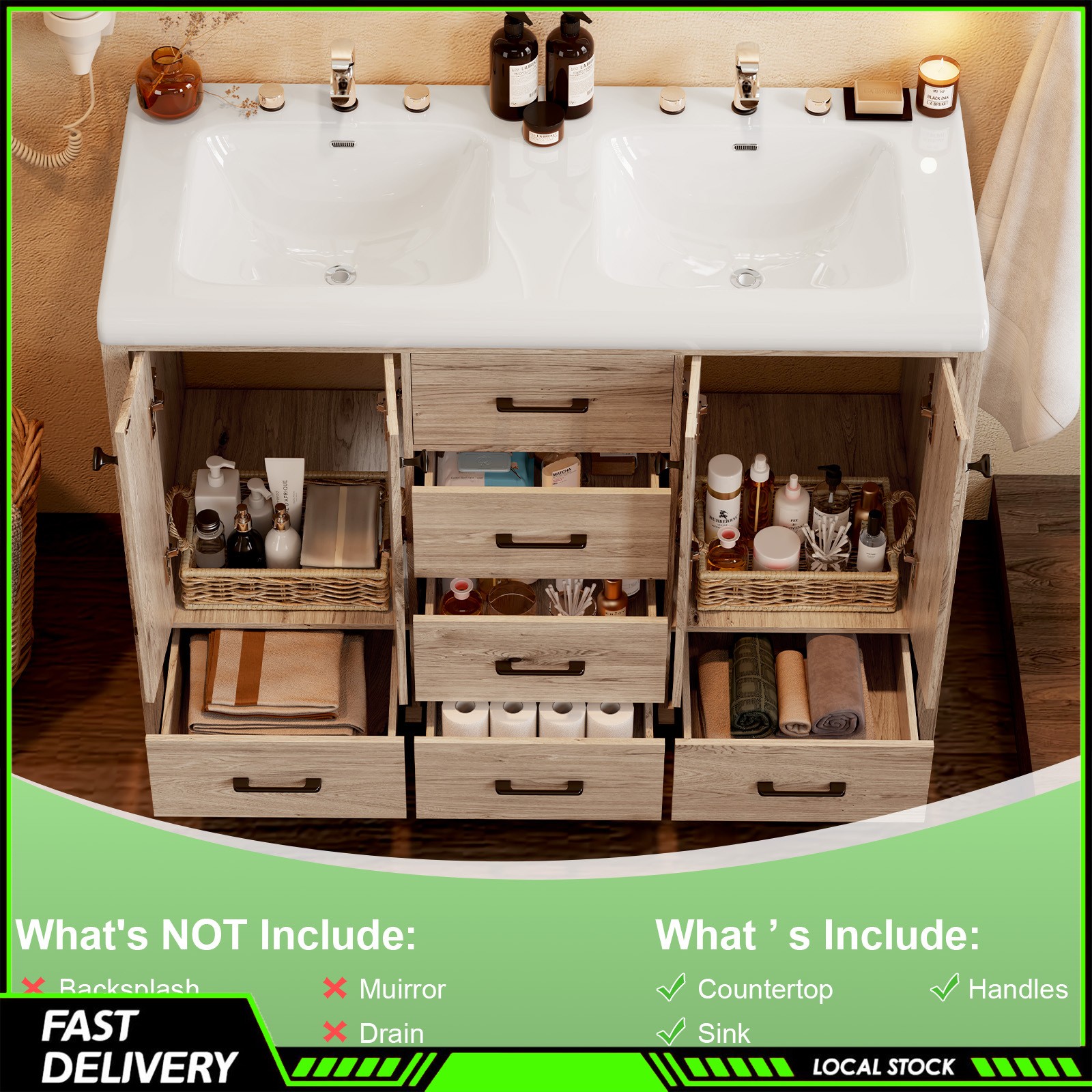 47 Inch Durable Bathroom Vanity Double Ceramic Sinks Cabinet with Doors &Drawers