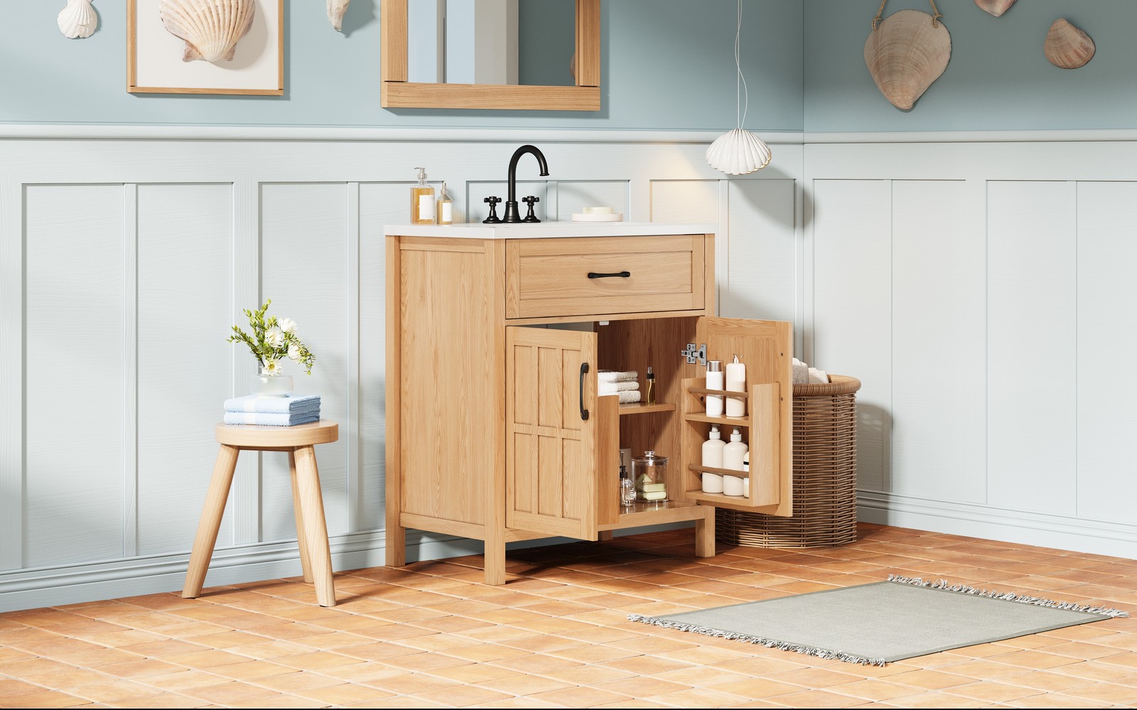30″ Bathroom Vanity with Resin Sink, Modern Wood Frame Bathroom Sink Cabinet