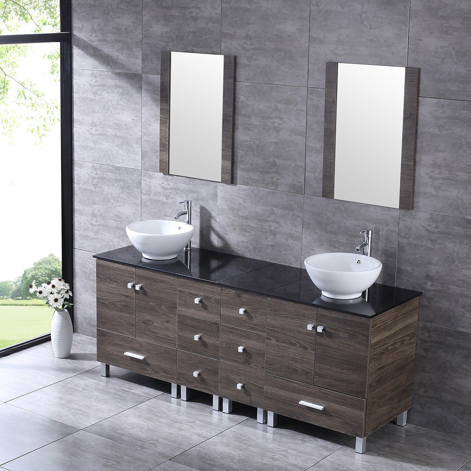 72 inch Double Sink Bathroom Vanity Cabinet Ceramic Vessel Sink w/Mirror Faucet