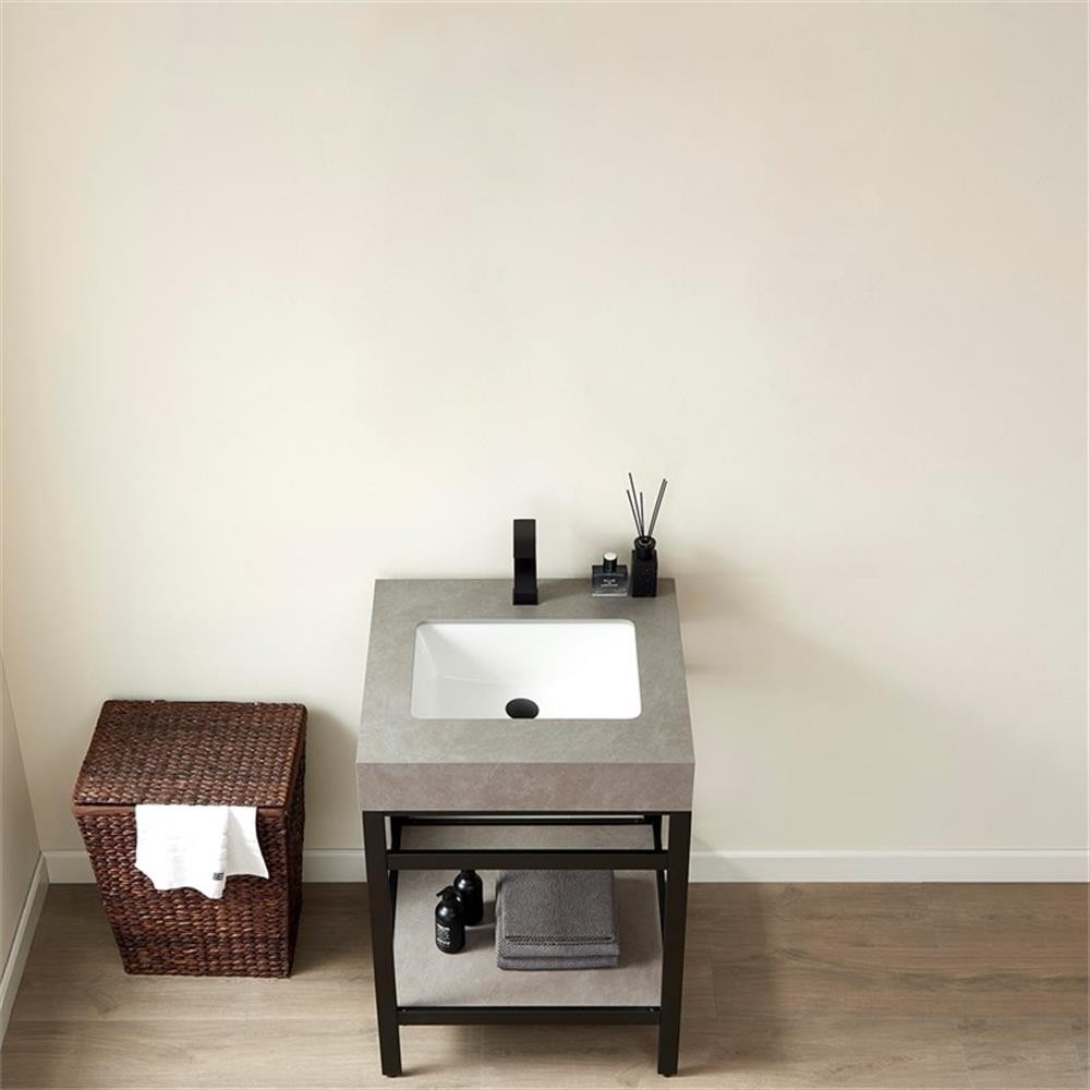 Funes 24″ Single Sink Bathroom Vanity in Matte Black Frame Gray Top No Mirror