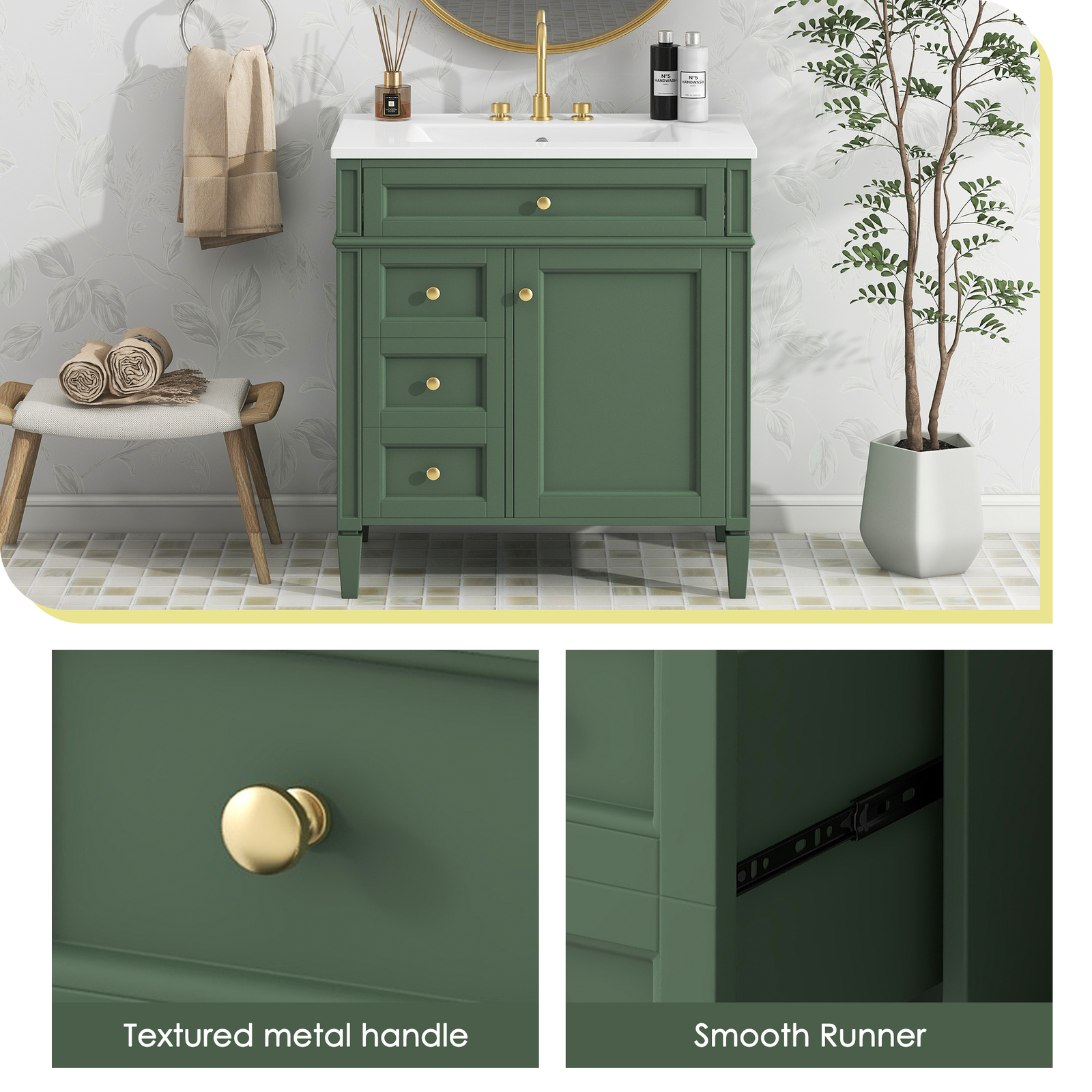 30” Bathroom Vanity with Top Ceramic Sink Modern Storage Cabinet with 2 Drawers