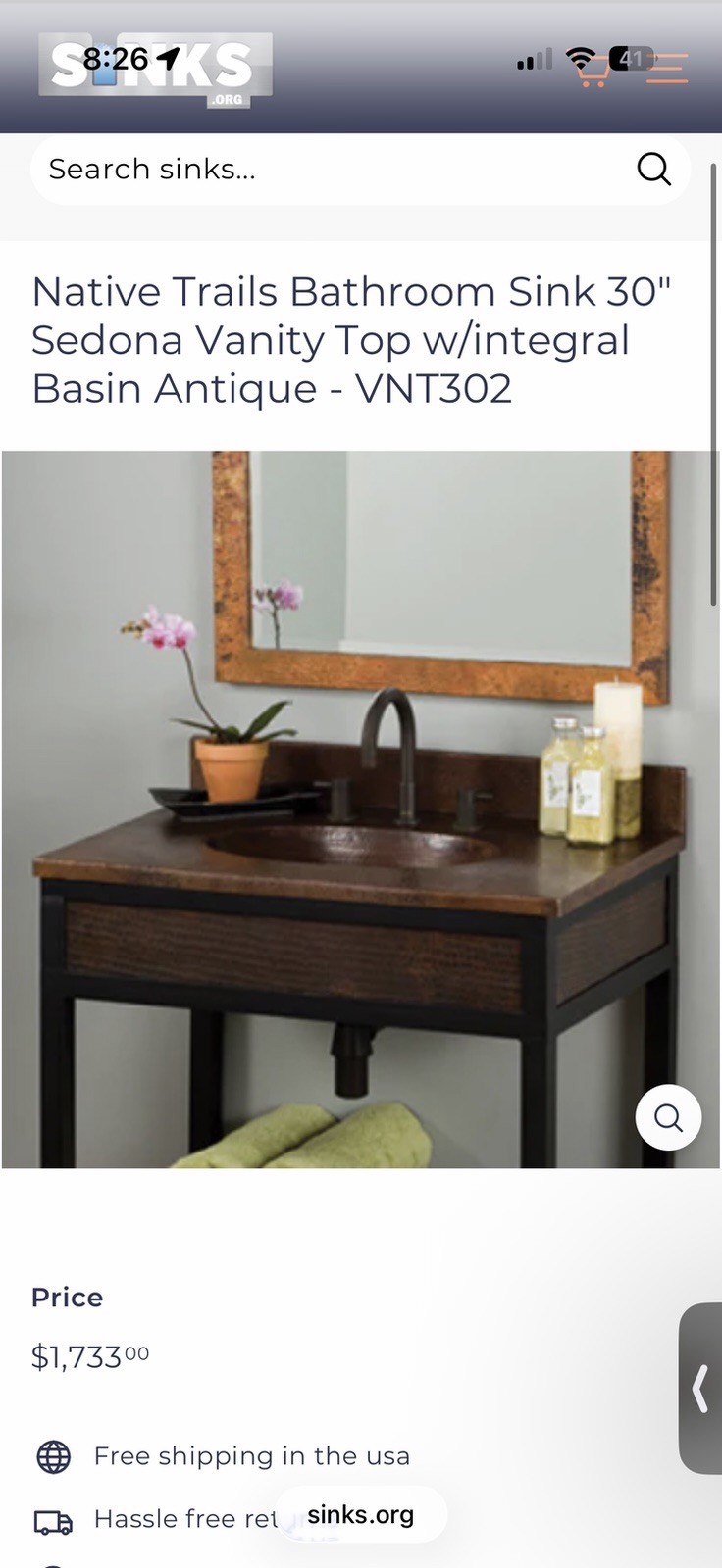 Native Trails Sedona Reclaimed Antique Copper 30-inch Vanity Top With Sink- NEW