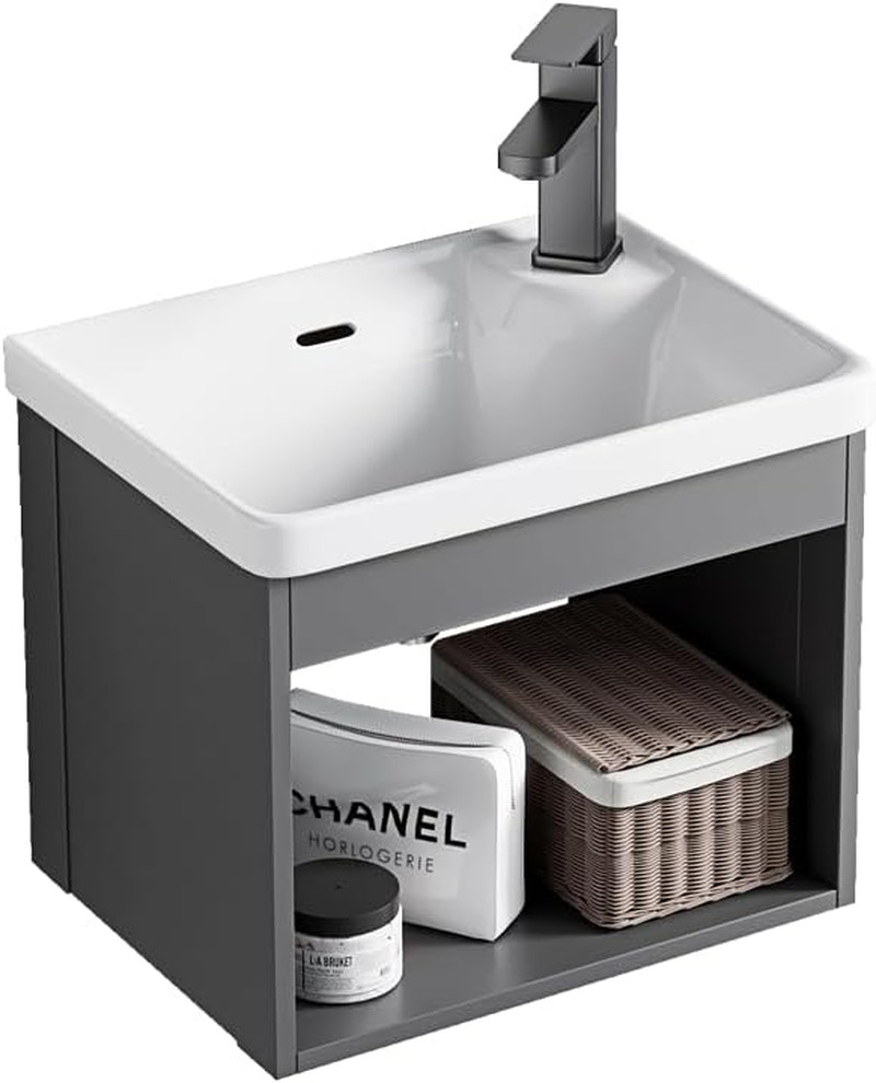 18-Inch Wall-Mounted Floating Gray Open Bathroom Vanity with Ceramic Basin Compa