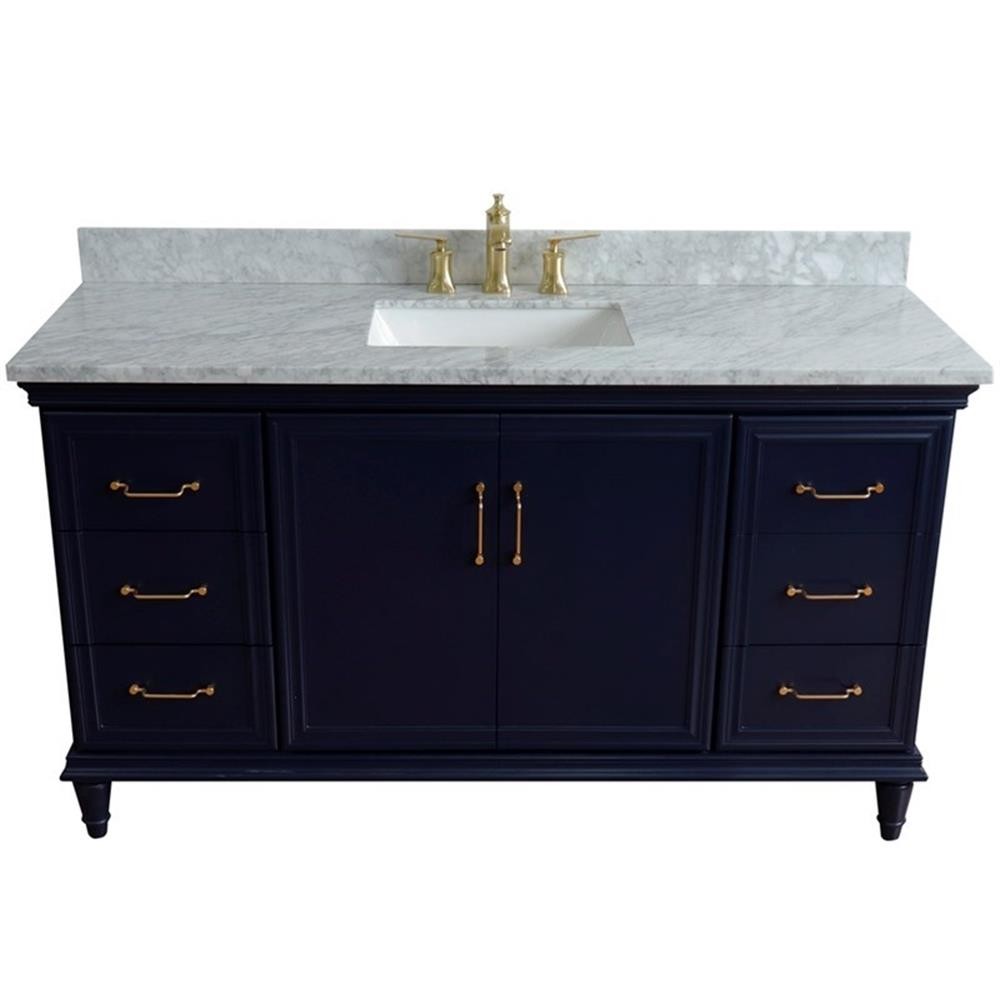 61 in. Single Wooden Vanity Blue White Carrara Marble Rectangle Sink