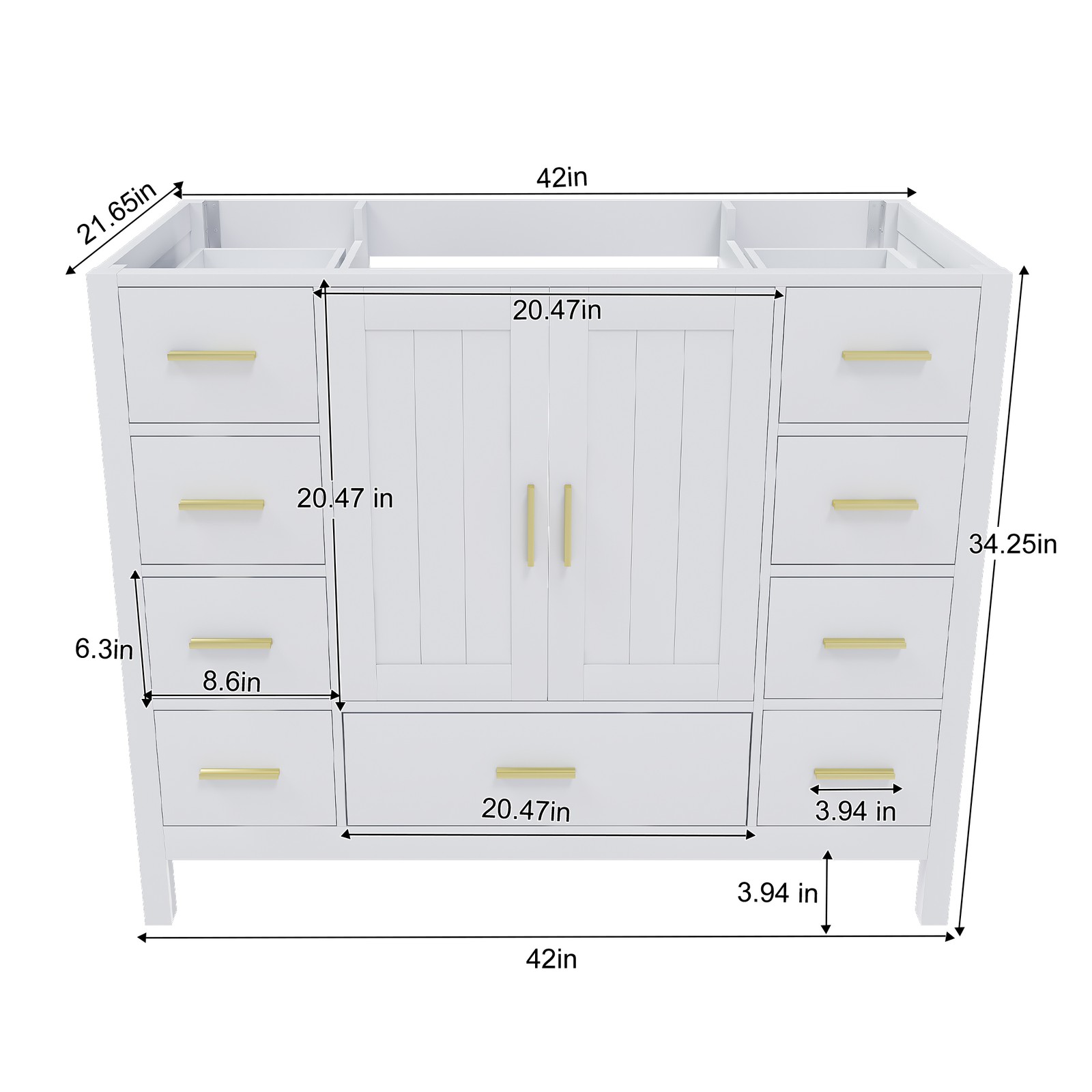 42″ Bathroom Vanity Base Cabinet 2 Doors 9 Drawers White