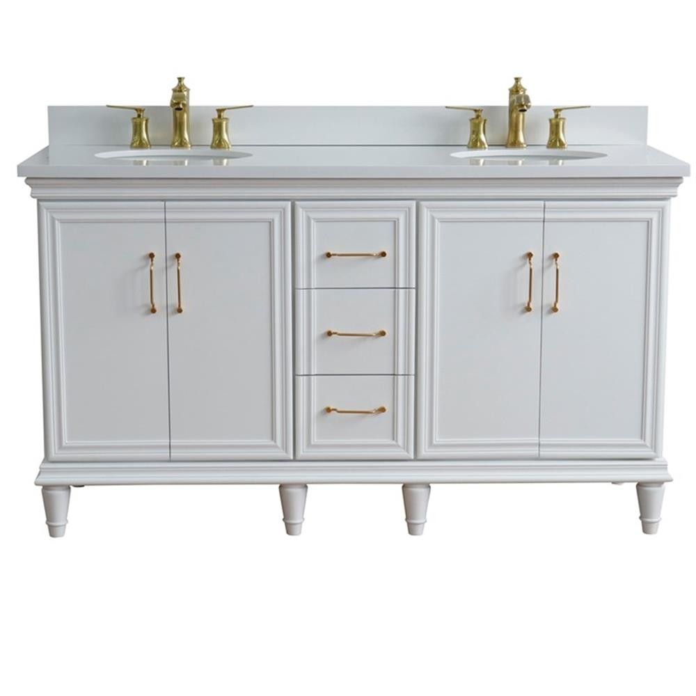 61 in. Double Wooden Vanity White White Quartz Oval Sink
