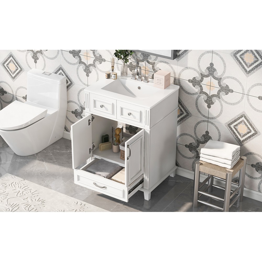 24″ Bathroom Vanity w/ Ceramic Sink, Solid Wood Frame, Soft Close Doors, White