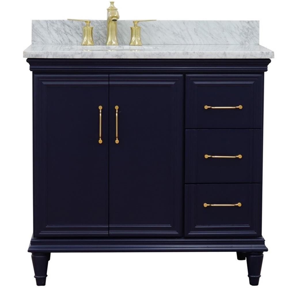 37 in. Single Wooden Vanity Blue White Carrara Oval Left Door.Left Sink