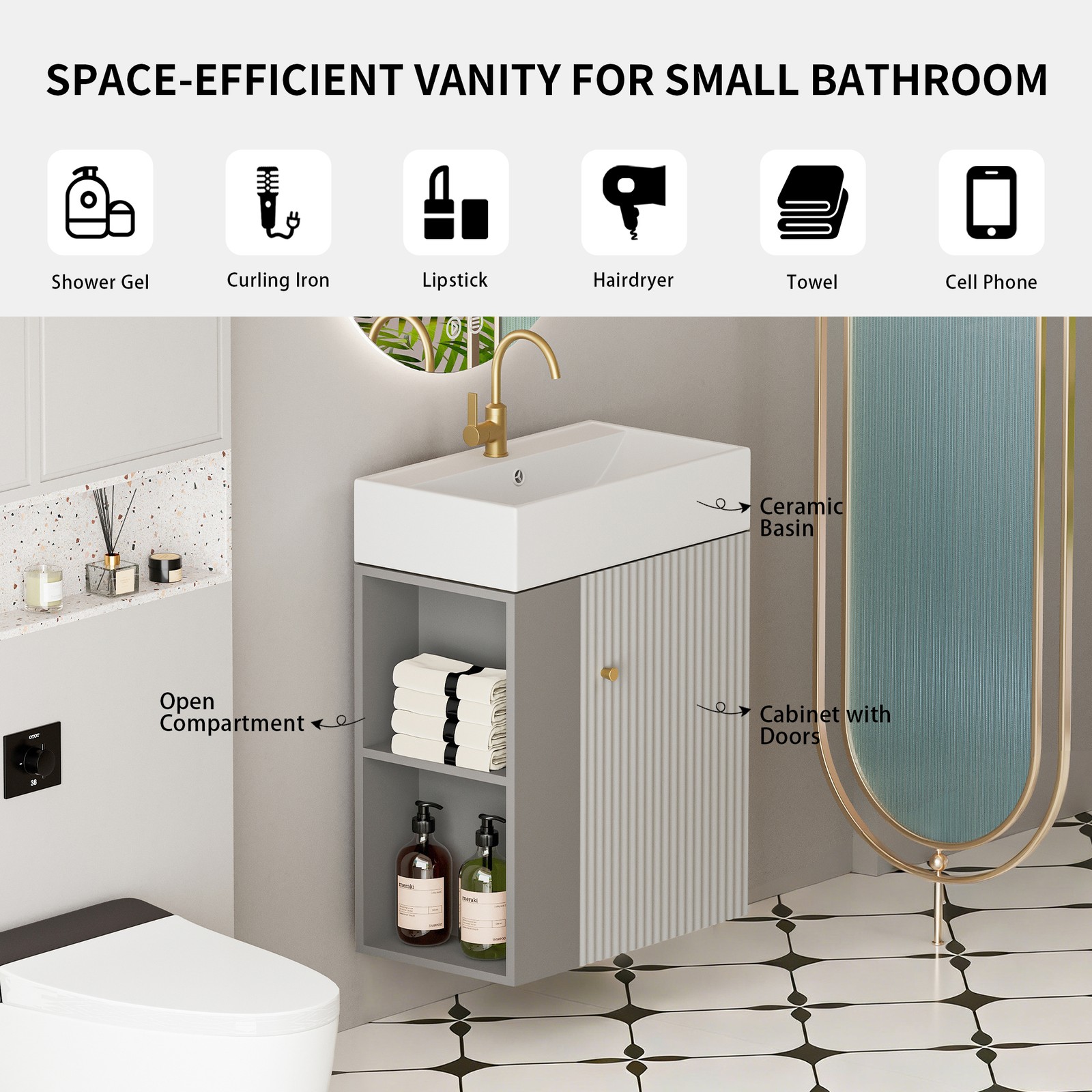 Wall-mounted Open-shelving Vanity with Ceramic Sink Grey